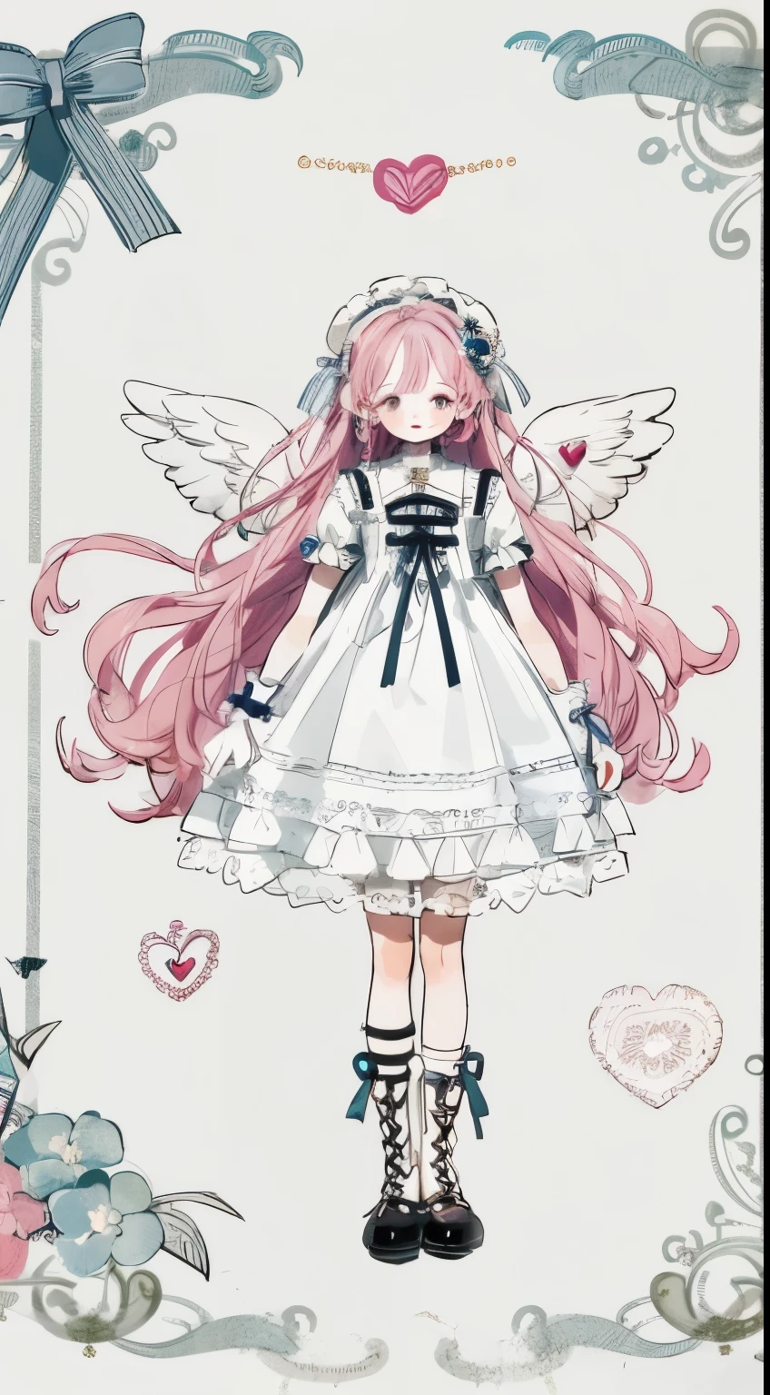 clothing design,leg loops,leg holsteritts,very intricate,Exquisite,Complex hairstyles,long whitr hair,tightly dress,Dress with clenching,frilld,Bow knot,ribbon,Feathered wings,Wings,crosses,Y2K,E-girls,Emotional,non-mainstream,A pink-haired,Love decoration,subculture,angelicales,white skirt,laughingly,Avant-garde and innovative clothing design,White high boots,White platform shoes,White lace-up boots,White leg covers,Ribbons,Heart-shaped gemstone jewelry,feater,softlighting,soft focus,Dreamy,White fishnet socks,white headgear,High brightness,Low contrast,Super long hair,afloat,floating feeling