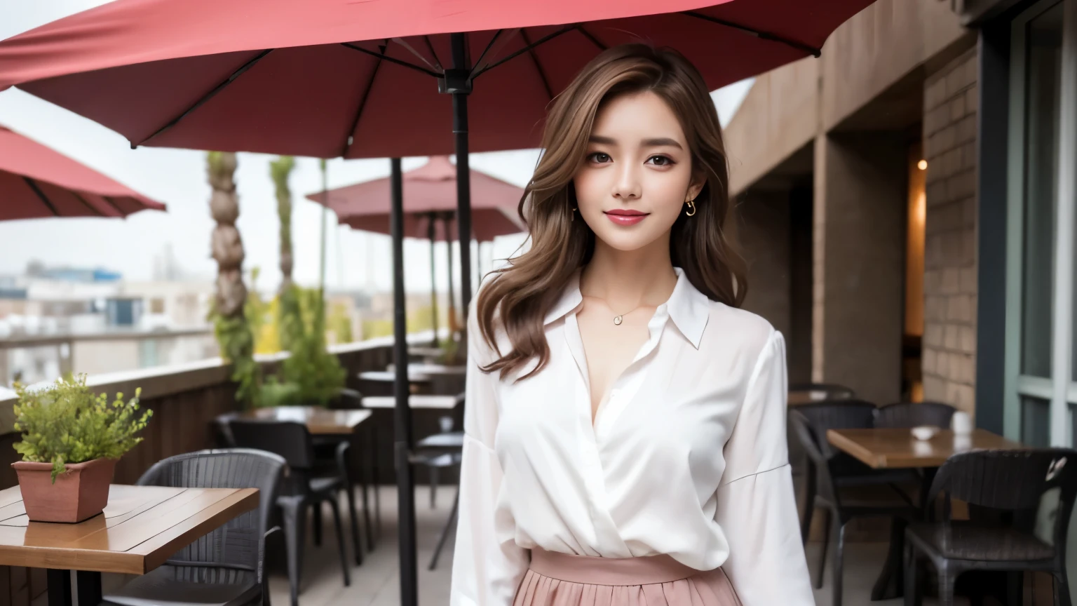 highest quality, realistically, Super detailed, detailed pubic hair, High resolution, 8k wallpaper, 1 beautiful woman, Pink wet lips, light brown messy hair, wearing a suit, shirt, white skirt, lock focus, perfect dynamic composition, beautiful eyes, delicate hair, Detailed realistically skin texture, smile, close-up portrait, model body shape, On the open terrace of the cafe, blurred background, (full body shot), Take photos from a distance, Random body orientation,