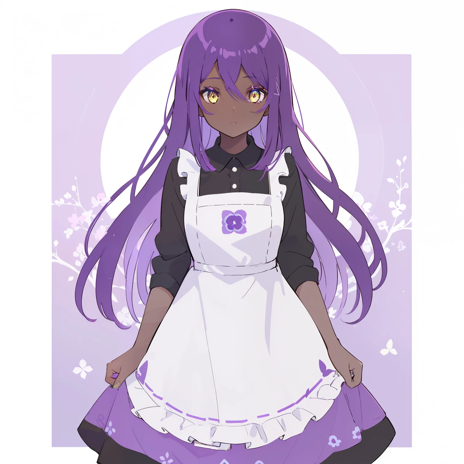 young woman, dark skin, purple hair, square, bangs cover the eye, purple flowers in hair, Yellow eyes, a green dress, dress with yellow elements, white apron
