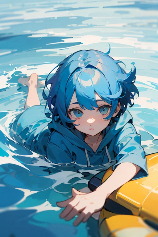 ((highest quality))　((masterpiece))　perfect face　blue hair　short hair　odd eye　An illustration　Light Blue Hoodie　one person　In the sea　Swimming　neutral　let your hair flow　Highest image quality　middle School girls　
