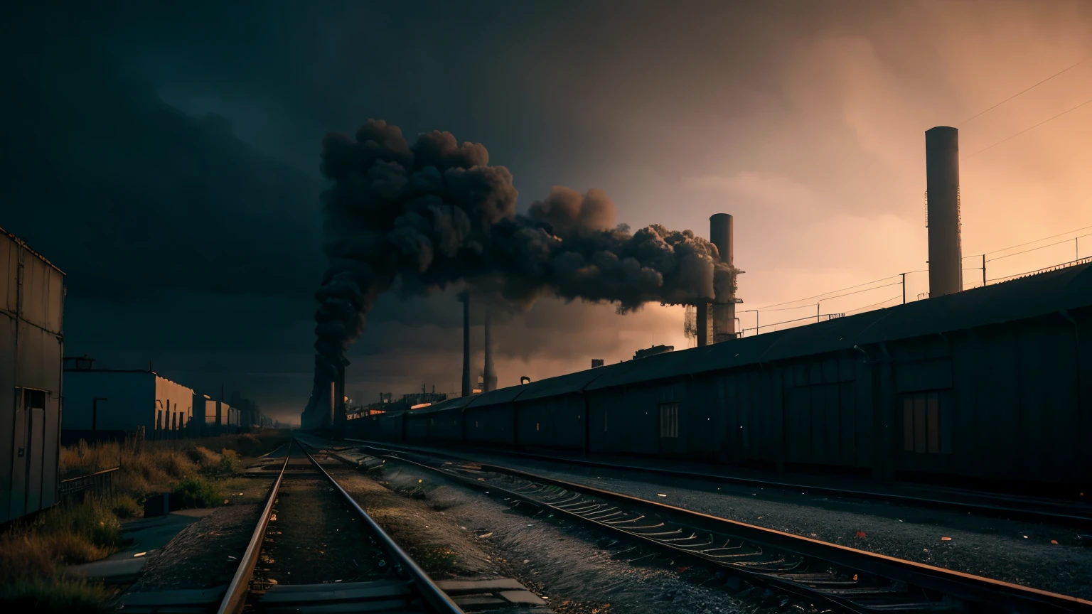  tech noir, masterpiece, best quality, 8k wallpaper, super detailed, 
 low saturated colors, Simple and neat design, Dark and moody atmosphere, breathtakingly beautiful, 
 subtle accent light, background only, 
Abandoned factory, The railway line that runs around, desolate atmosphere, Ruined beauty 