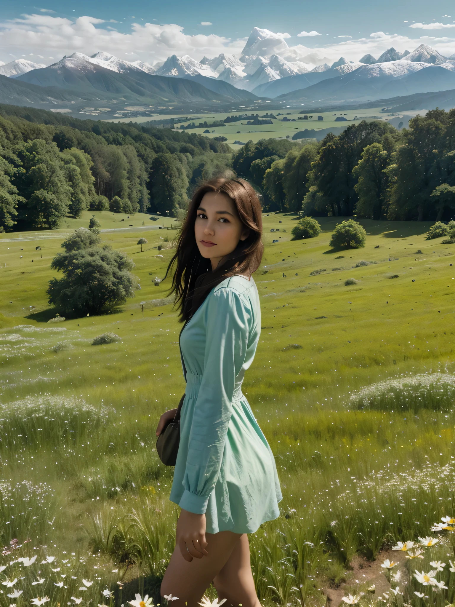 In a green meadow stands a girl leading a group of knights.
BREAK
With a brave expression, she guides them towards their destination.
BREAK
Behind her, a green forest stretches out and beyond that, mountains rise in the distance.
BREAK
The most suitable effect for this scene would be a watercolor painting technique to capture the softness of the meadow and the fluidity of the movement.