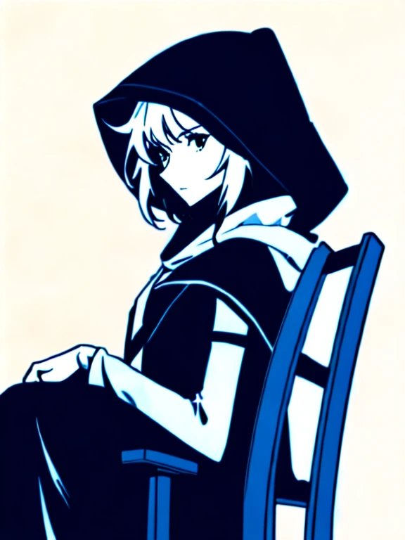 (best quality: 1.5, masterpiece, minimalist, whitebackground: 2, monochrome, anime), 1 female, 1 teenager, upperbody, lineart, elsagranhiert,front view, fulbody, portrait, edgCultist, man sitting on a chair, hood on: 2