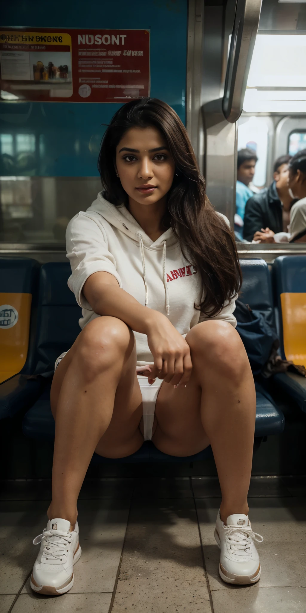 Indian girl, Bollywood, highres, masterpiece, perfect ligthing, bloom, night, cinematic lighting, adult, perfect skin, female, (looking at camera:1.4), realistic skin, eyeliner, realistic, (photorealistic), supermodel, oversized hoodie, large ass, long hair, shoes, white panties, ((crowded subway)), sitting, open legs, spread legs. HDR, masterpiece, top-quality, Photorealistic, A hyper-realistic