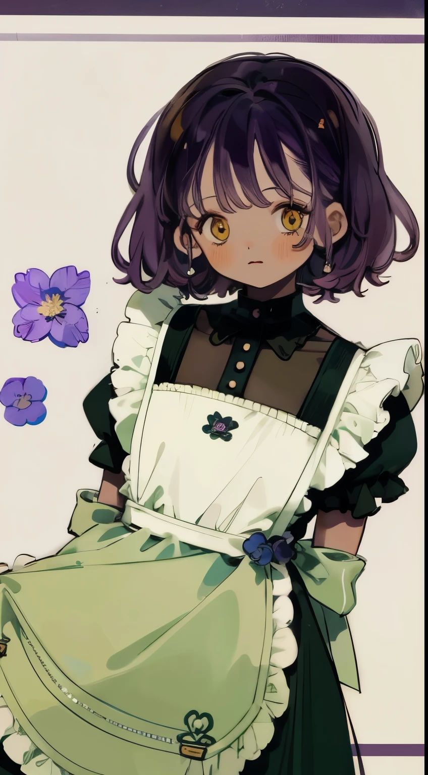 young woman, dark skin, purple hair, square, bangs cover the eye, purple flowers in hair, Yellow eyes, a green dress, dress with yellow elements, white apron
