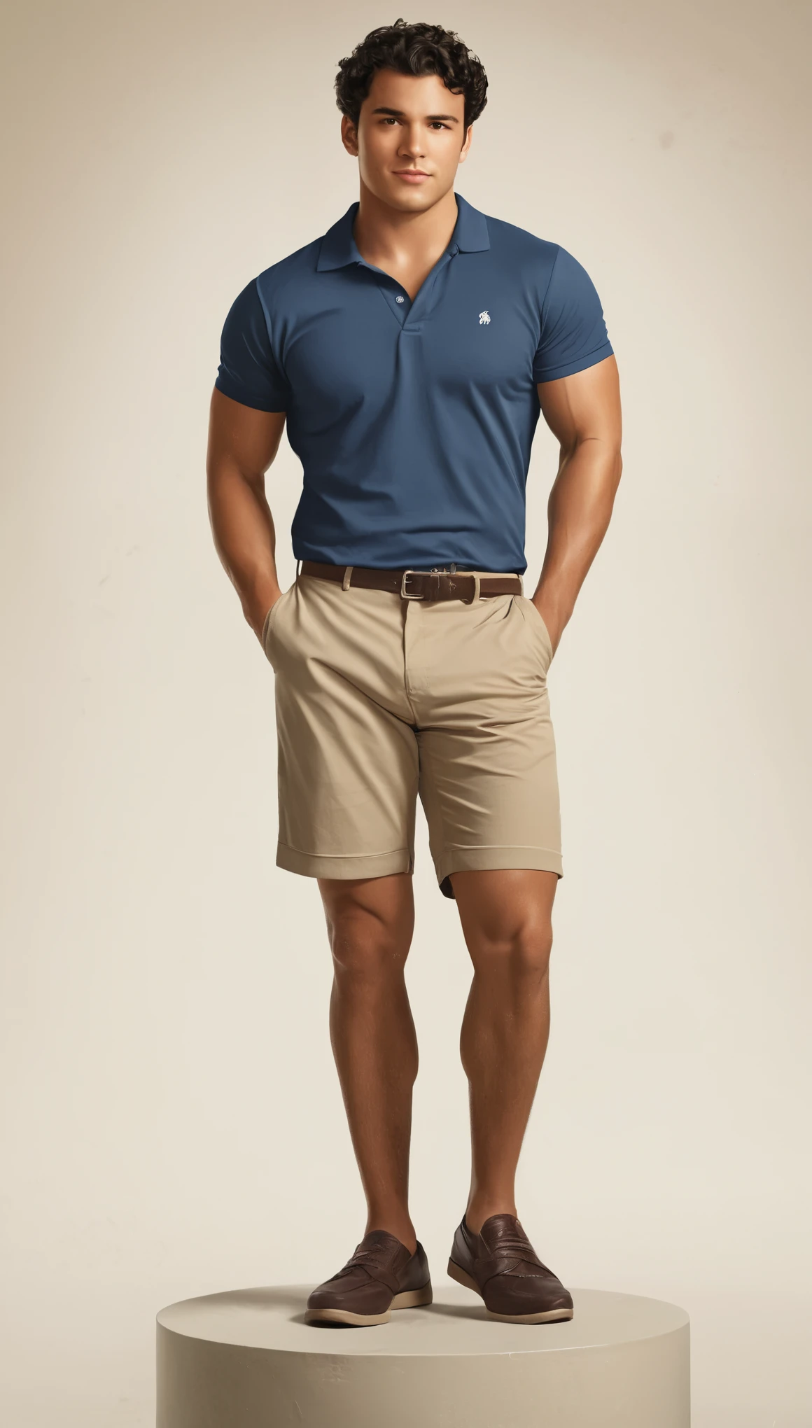 An illustrated movie poster, hand-drawn, full color, a man, 28 years-old, wearing a polo shirt and chino shorts, resembles Gavin Leatherwood, sun-tanned skin, stocky physique, soft belly, slightly chubby, deep brown eyes, wide bulbous nose, black hair, curly hair, thick bushy eyebrows, extremely hairy chest, stomach, and arms, lots of body hair, posing on a pedestal, hard shadows, graphite shading, stencil markings, airbrushed acrylic paint, masterpiece