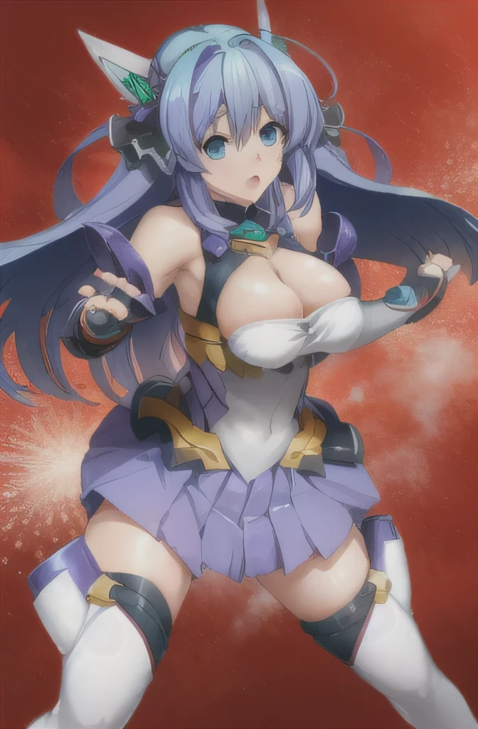 (masuter piece),(Best Quality),(hyper extreme),Beautiful lighting,Solo,are present, 1 girl, alone, blue hair, blue eyes, headgear, sleeveless dress, cleavage cutout, elbow bag, fingerless gloves, thigh boots, cleavage, open your mouth, ???? shoulders, combat readiness, floating hair