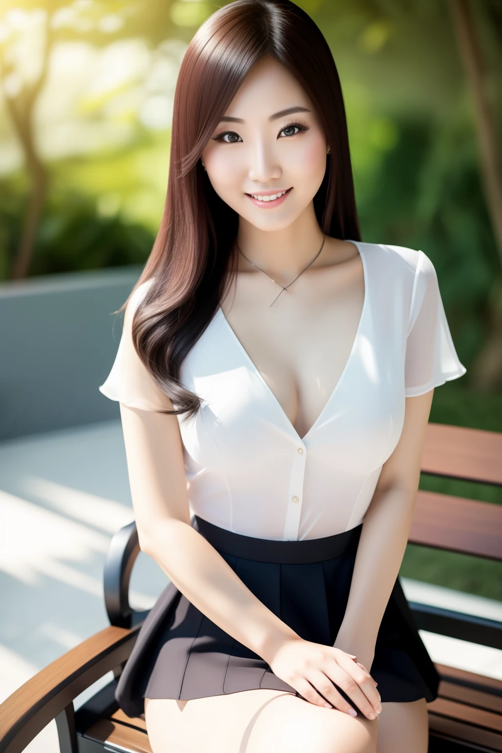 A 30-year-old beautiful Japanese lady, radiating good vibes, sits confidently on a bench during a nice sunny day. Her seductive smile showcases her alluring cleavages and long legs. The light blouse she wears is see-through, revealing her smooth, white skin. The contrast between her dark short skirt and stockings accentuates her slender legs. This hyper-realistic image, captured in 8K resolution, leaves no detail untouched, with the sunlight illuminating her every curve and feature, creating a captivating portrait.

List of keywords:
A 30-year-old beautiful Japanese lady, smile, good vib