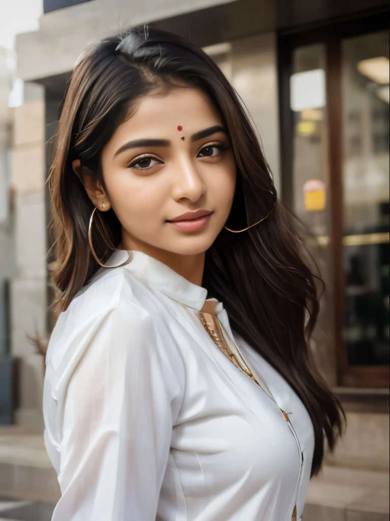 (best quality, ultra-detailed, realistic:1.37), professional, beautiful detailed eyes, beautiful detailed lips, detailed facial features, natural skin tones, perfect skin texture, delicate facial expressions, image in high resolution, realistic face, realistic skin, plain face, natural smile, highly detailed hair, 18yo, (Kiran, beautiful Indian young woman), embraces modern fusion fashion in a stylish combination of a Kurti with Jeans and trendy accessories. The high-resolution image captures ultra-detailed realism, highlighting Kiran's captivating eyes, expressive lips, and graceful facial features. The contemporary urban setting adds a modern touch, creating a visually captivating representation of Indian style and cultural fusion.