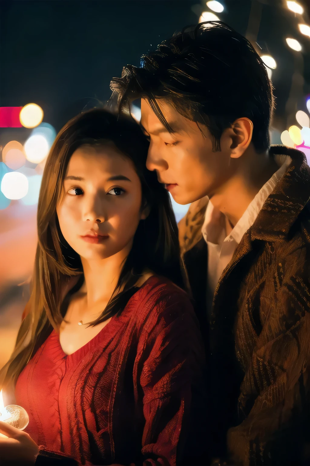 They are holding a candle together in the dark, Highlight scenes from the movie, movie stills 8k, portrait photography, still in the movies, high quality film stills, 8 0 Seconds Asian Neon Movie Still, still in the movies, screenshot from a movie, Bokeh Top Cinematic Lighting, 8k 50mm iso 10, film still in the movies