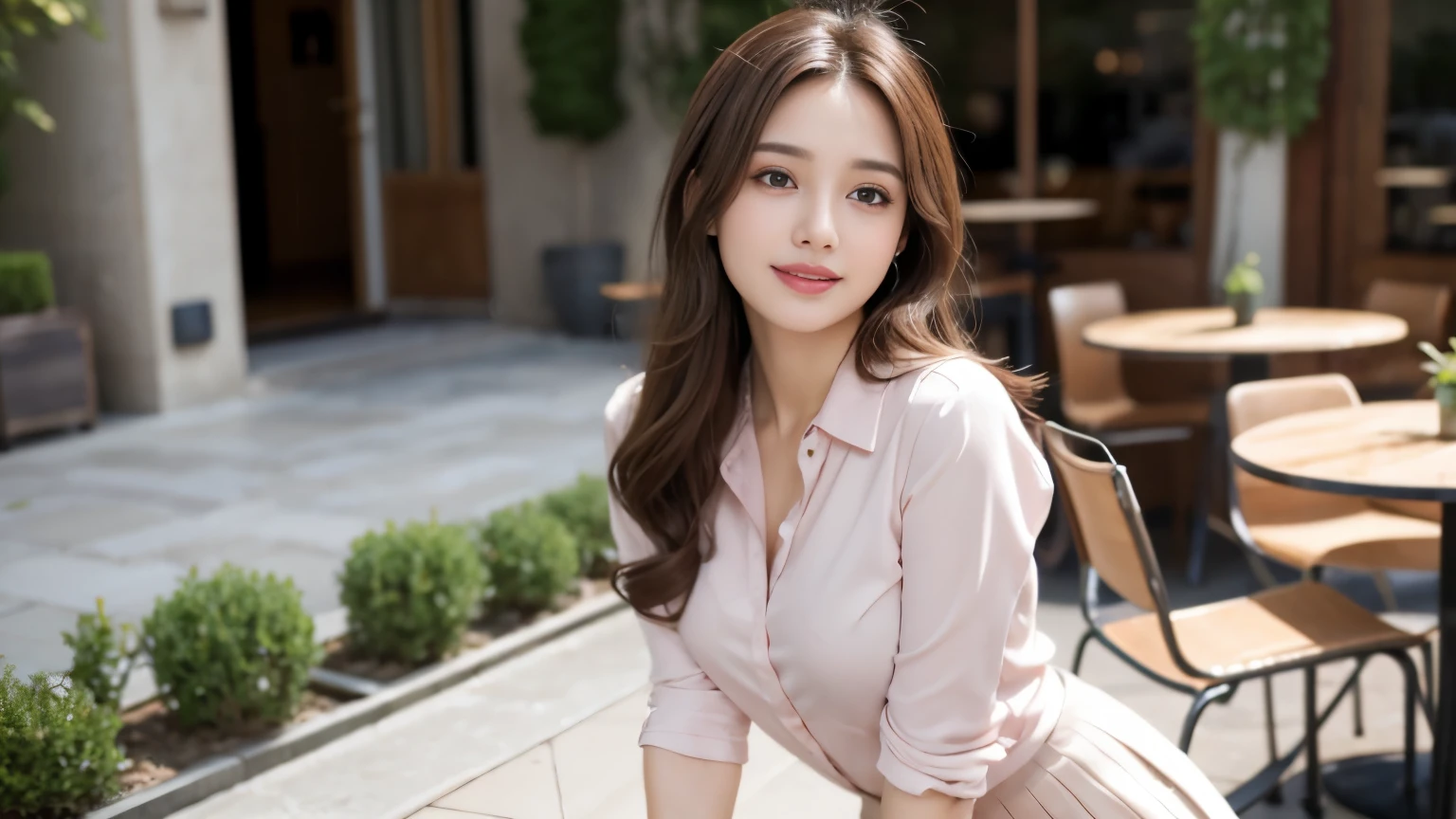 highest quality, realistically, Super detailed, detailed pubic hair, High resolution, 8k wallpaper, 1 beautiful woman, Pink wet lips, light brown messy hair, wearing a suit, shirt, white skirt, lock focus, perfect dynamic composition, beautiful eyes, delicate hair, Detailed realistically skin texture, smile, close-up portrait, model body shape, On the open terrace of the cafe, blurred background, (full body shot), Take photos from a distance, Random body orientation,