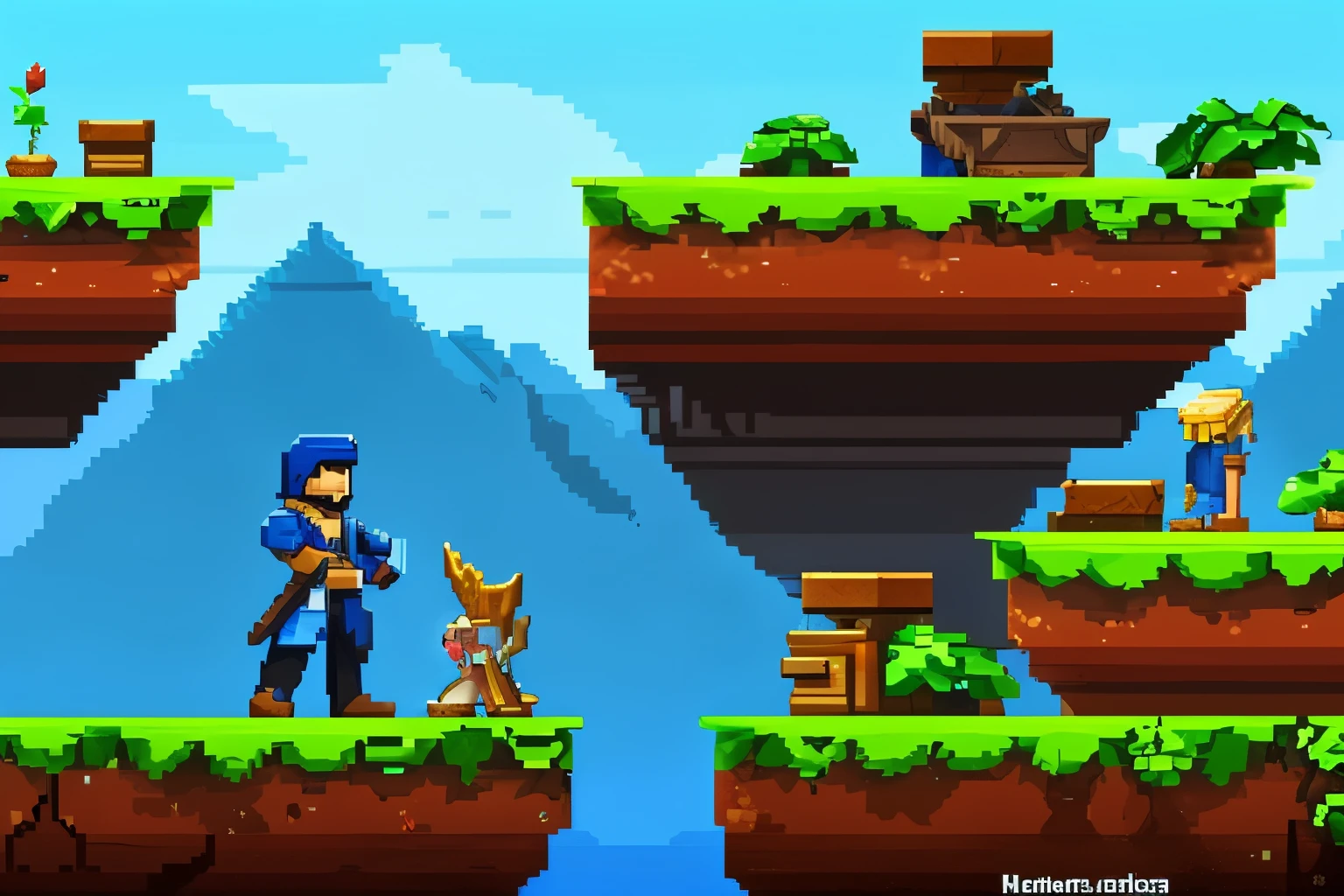 a pixel pixel game with a man standing on a cliff, plataform 2 d game, side - scrolling 2 d platformer, 2 d platformer, plataform game, tileset, 2d side scrolling game, platform game, side scroller game, videogame background, platformer, 2 d game assets, 2 d game, screenshot from the game