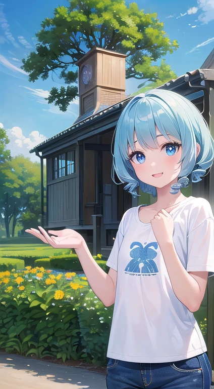 最high quality,very detailed,high quality,Extremely detailed,masterpiece,Super fine,ultra high resolution,超high quality,super delicate face,super realistic,(1 person:1.2)、woman、、light blue hair color、(Cute sky blue eyes)、(short:1.3)、flat chest 、 body shape、(twin drill hair:1.2)、(smile:1.2)、T-shirt、jeans、garden