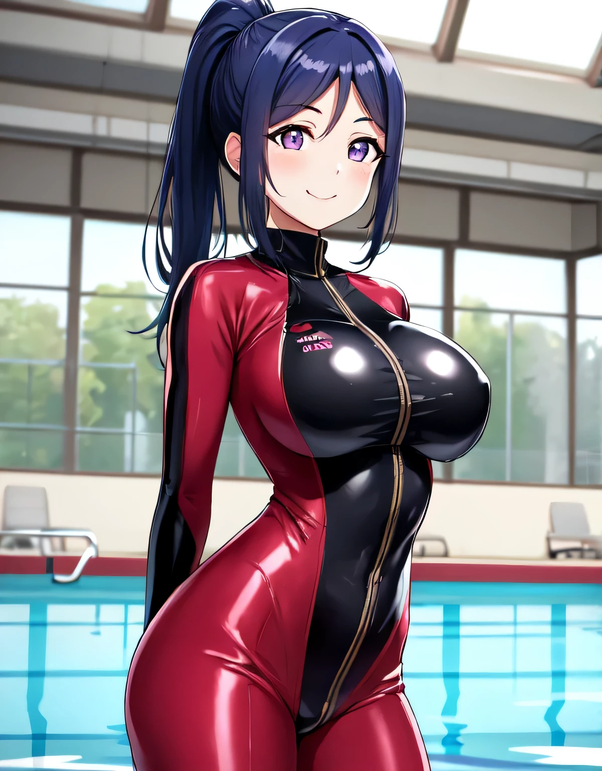 (large breasts:1.5),(shiny,hair),((solo)),((masterpiece)),((best quality)),perfect anatomy,slim waist,perfect image,8k UHD,(beautiful detailed eyes:1.5),extremely detailed face,standing,(upper body:1.1),(look at the front:1.1),arms behindback,ultra-detailed,absurdres,highres,kanan matsuura,blue hair,long hair,ponytail,(purple eyes:1.1),sidelocks,bodysuit,diving suit,long sleeves,swimsuit,wetsuit,zipper,indoor pool,smile,latex,shiny,