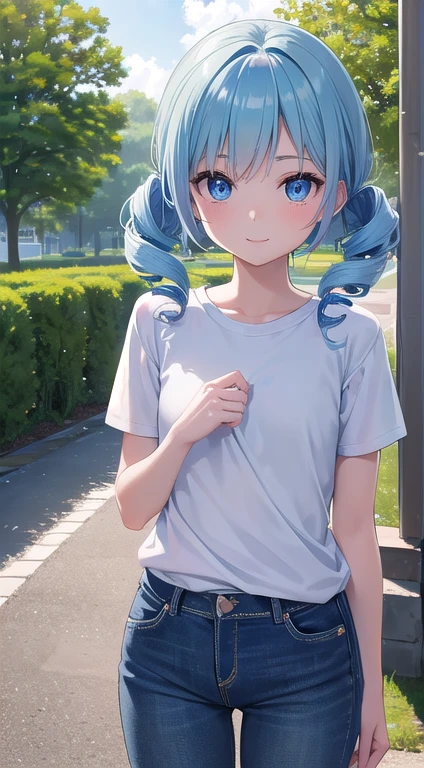 最high quality,very detailed,high quality,Extremely detailed,masterpiece,Super fine,ultra high resolution,超high quality,super delicate face,super realistic,(1 person:1.2)、woman、、light blue hair color、(Cute sky blue eyes)、(short:1.3)、flat chest 、 body shape、(twin drill hair:1.2)、(smile:1.2)、T-shirt、jeans、garden