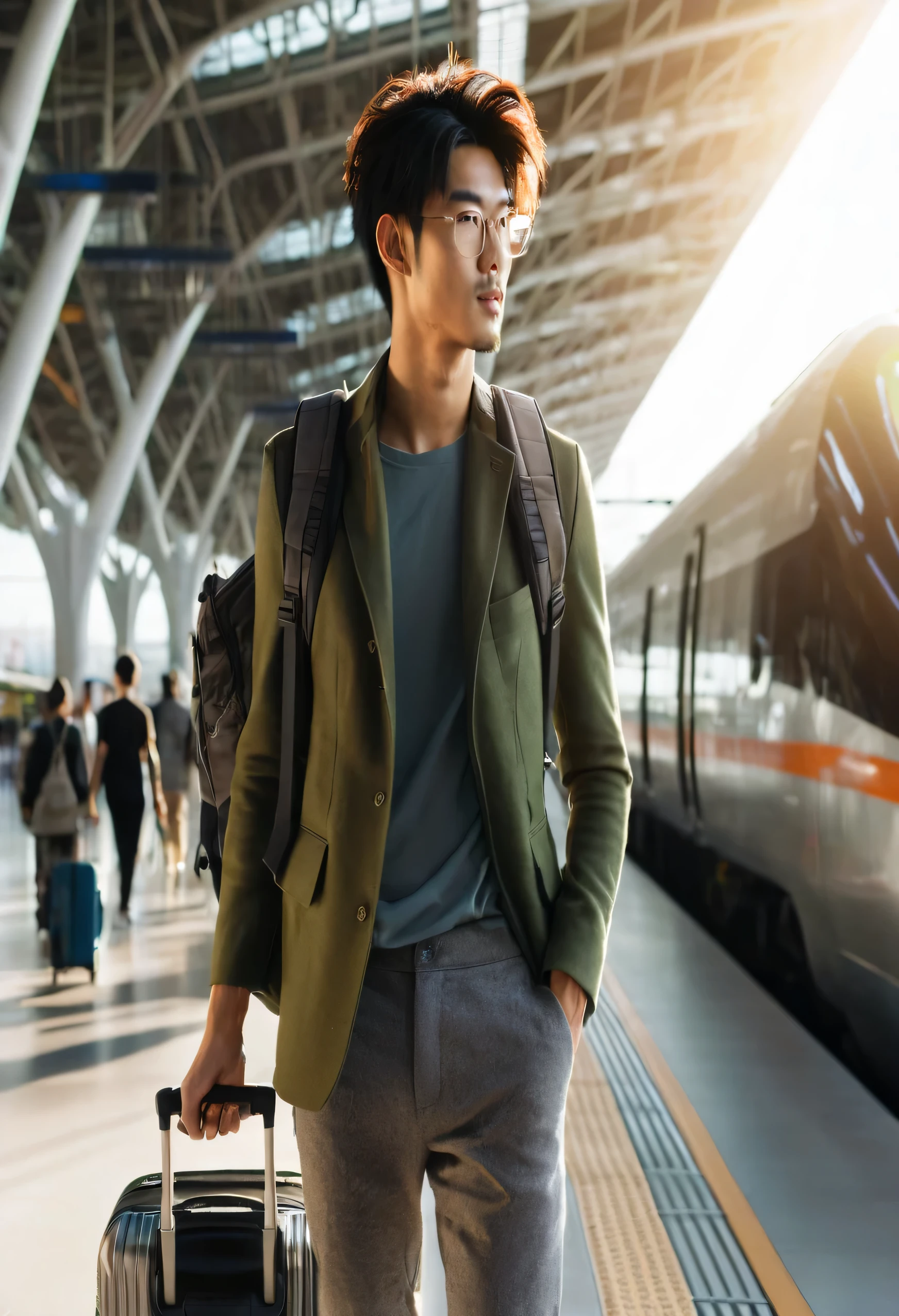 Professional photography of a handsome 25-year-old Asian man with trendy short black-brown hair, wearing trendy glasses, dressed in modern casual trendy lime olive clothing, grey long pants, carrying a modern backpack and suitcase, at a modern high-speed train station, in a futuristic modern style, in the morning with sunlight, shadows, in a busy atmosphere.