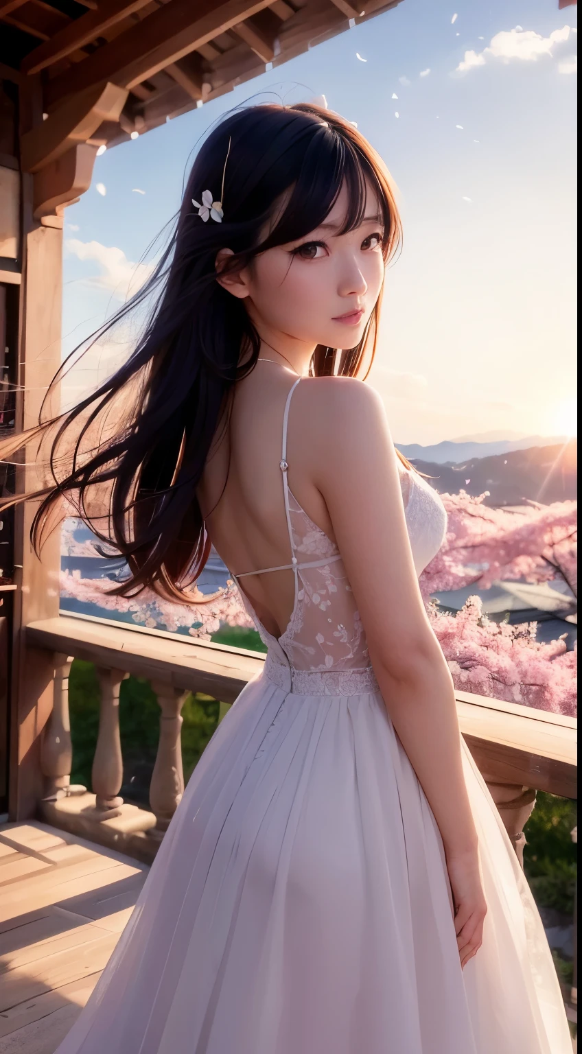 (logo、masterpiece、8K、table top、Raw photo、wonderful、最high quality、フォトリアリスティックでvery detailedな CG 統合 8k 壁紙、high quality、very detailed、narrative poem、particle effects、dynamic effects、Depth of the bounds written、cinematic light、Lens flare、ray tracing)、fantasy、 (1 beautiful woman、dress、dress、cherry blossom pattern、black haired、beautiful face、real face、beautiful details eyes beautiful skin)、髪がWindで踊る、Hair flutters in Wind、hair bounces、pink cherry tree、petals dance、SakuraFubuki、Spectacular view、sunrise、sun on background、Wind、