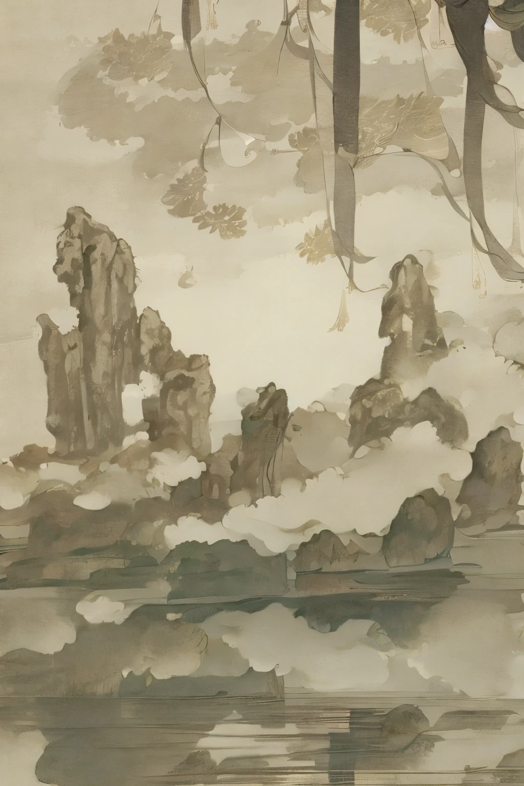 black and white ink painting:2.0,ink画,Traditional Chinese landscape painting,(Leave a large area blank,One-third composition:1.3),羊皮纸上的水彩ink画,水彩ink,ink,ink画,((Simple)),Simple,minimalist, Beige、white background、fog、distant mountains、ink风格、ink画、Declaring a sense of paper、clean、No text、fog、Quiet and ethereal、Light white light gray,