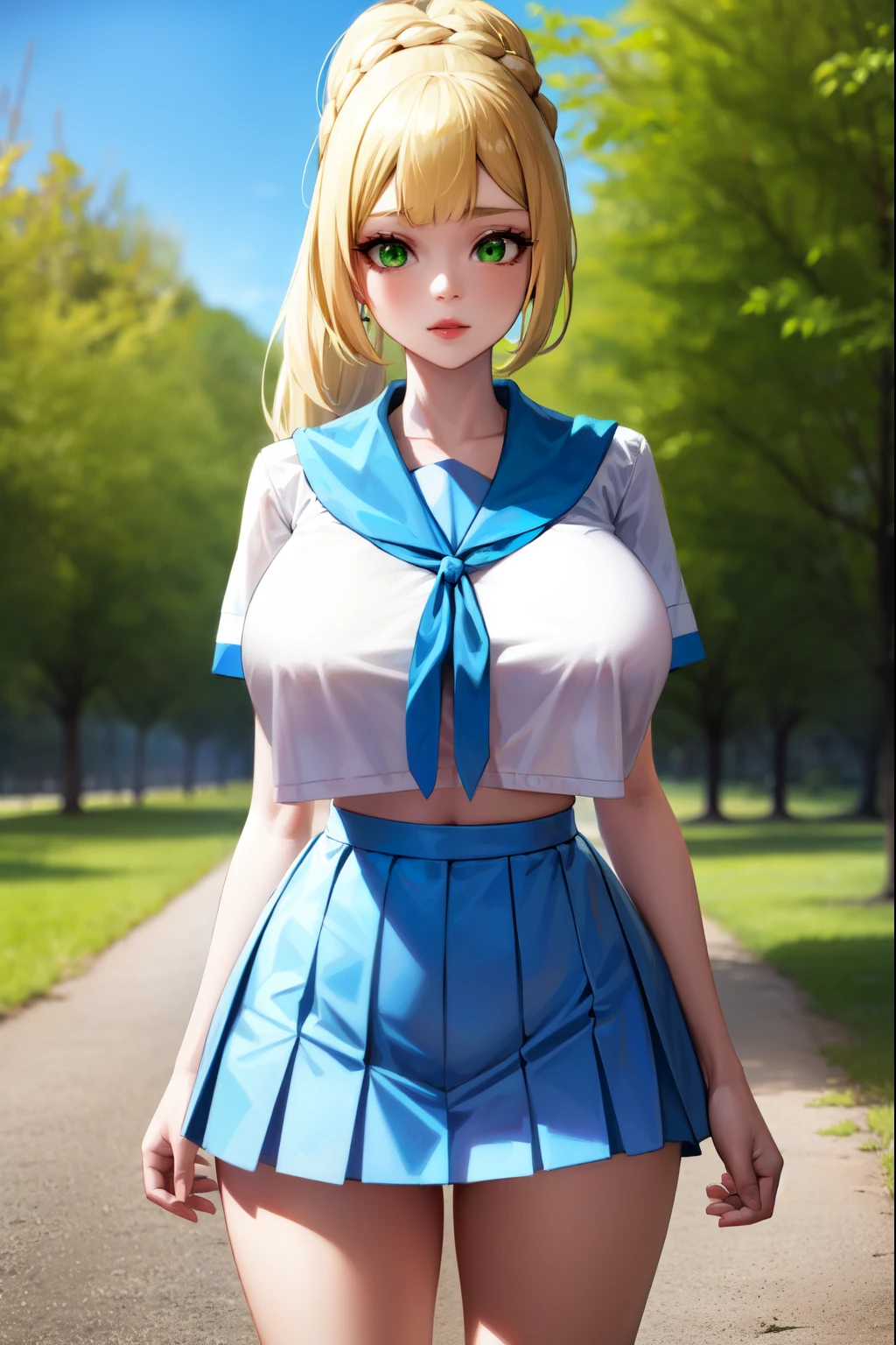 pokemonlilie, pokemonlilie, blonde hair, blunt bangs, (green eyes:1.5), long hair,
BREAK braid, french braid, high ponytail, miniskirt, pleated skirt, sailor collar, shirt, short sleeves, skirt, white shirt, white skirt,
BREAK looking at viewer, upper body, full body, (cowboy shot:1.5),
BREAK outdoors, nature, sky,
BREAK (masterpiece:1.2), best quality, high resolution, unity 8k wallpaper, (illustration:0.8), (beautiful detailed eyes:1.6), extremely detailed face, perfect lighting, extremely detailed CG, (perfect hands, perfect anatomy), ((BEtaut:1.3)), breast expansion, breast curtain, huge breasts, (BEcovered), underboob