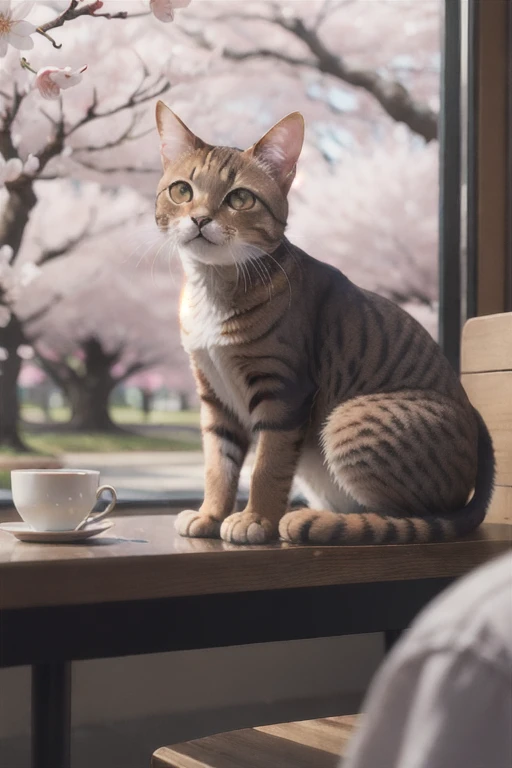 brown cat,Cherry blossoms seen from the cafe,beautiful illumination,beautiful lighting,8K,figure,colorful picture,High resolution