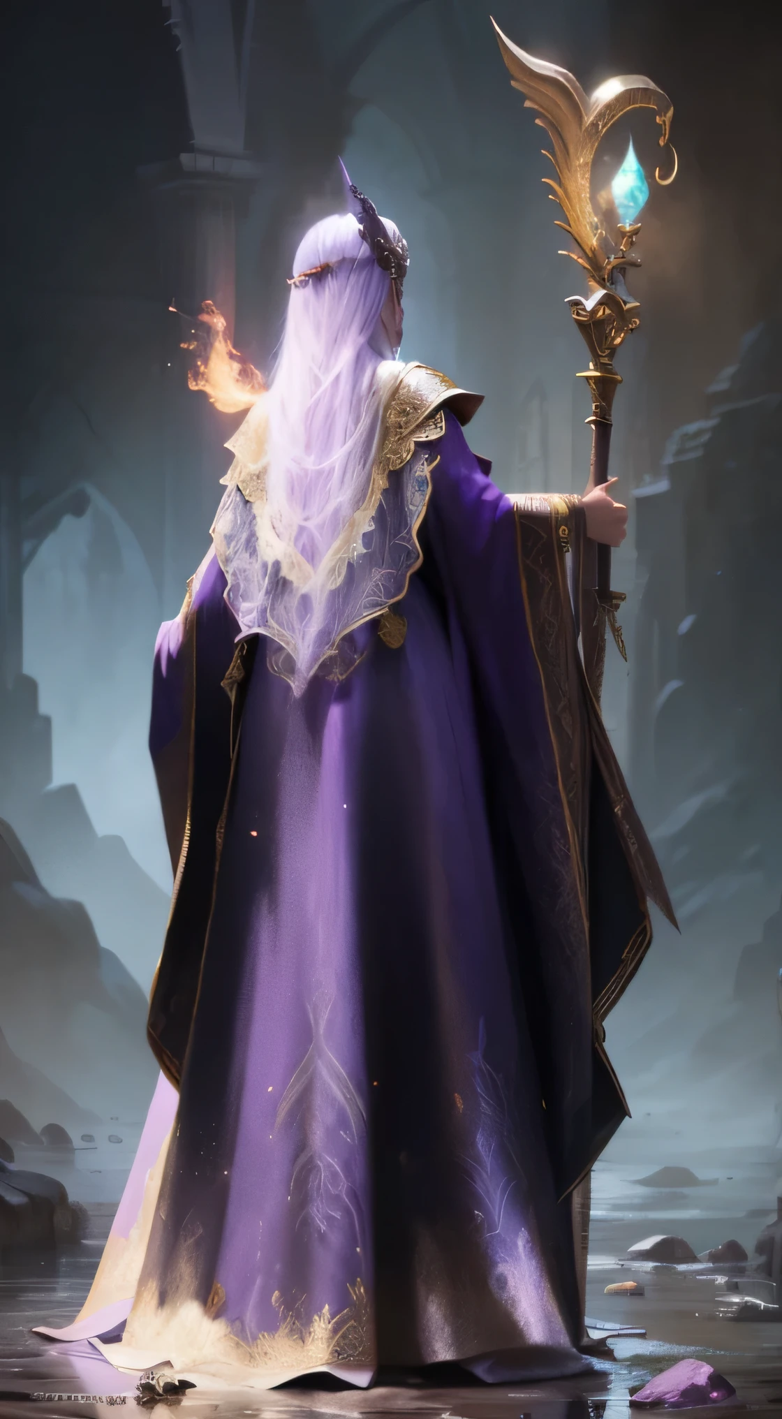 arafed image of a woman dressed in a purple robe holding a staff, fe witch, epic fantasy character art, Super detailed fantasy characters, Epic and beautiful character art, fantasy art behavior, fantasy mage, Realistic Fantasy Illustrations, female mage, fantasy character art, wizard, portrait of a female mage, Wizard Hat Movie Lighting, mage, old male archmage,back view