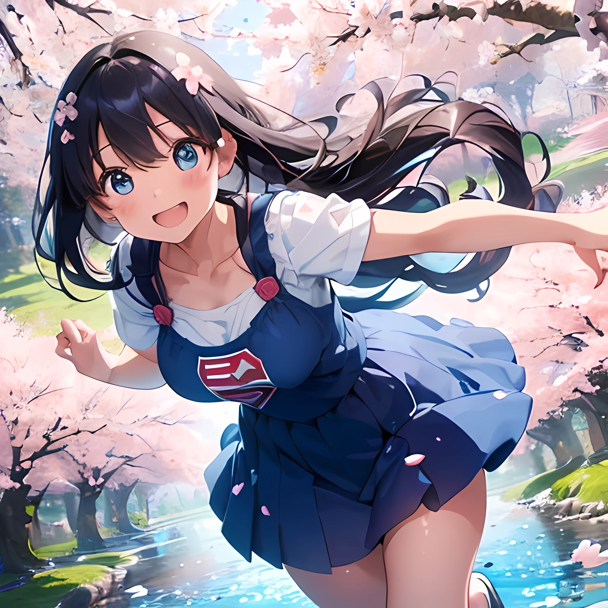 highres, extremely details, best quality, 32k, 8K wallpaper,4K digital animation art.1girl, A girl who loves spring. (blue color theme:1.3), Full body illustration, detailed eyes, (she running along with large gesture and a riverbed lined with cherry blossoms:1.3),(Unrealistic cherry blossom petals swirl around her:1.5),(She has super happy dreams and a hopeful smile:1.3),An illustration that lets you feel the refreshing smell and cheerfulness of spring, she has a big smile, Rainbow glow and perfect blue sky and dramatic light-masterpiece, Perfect dream and getting a hope, Dynamic angle movie.
