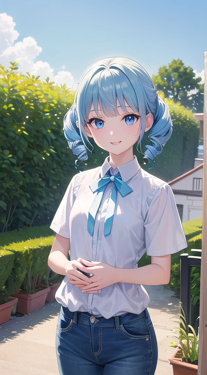 (Best Quality,High resolution,8k,finelity detailed background,Masterpiece:1.2),beautiful girl,Shiny light blue hair,pony taill,Beautiful light blue eyes,Best quality,Aesthetic and aesthetic:1.2,Best details((Super detailed))(High-definition CG illustrations),Sailor suit,Summer clothes,cute,cute,Looking up,blush,School,Schoolyard,super model