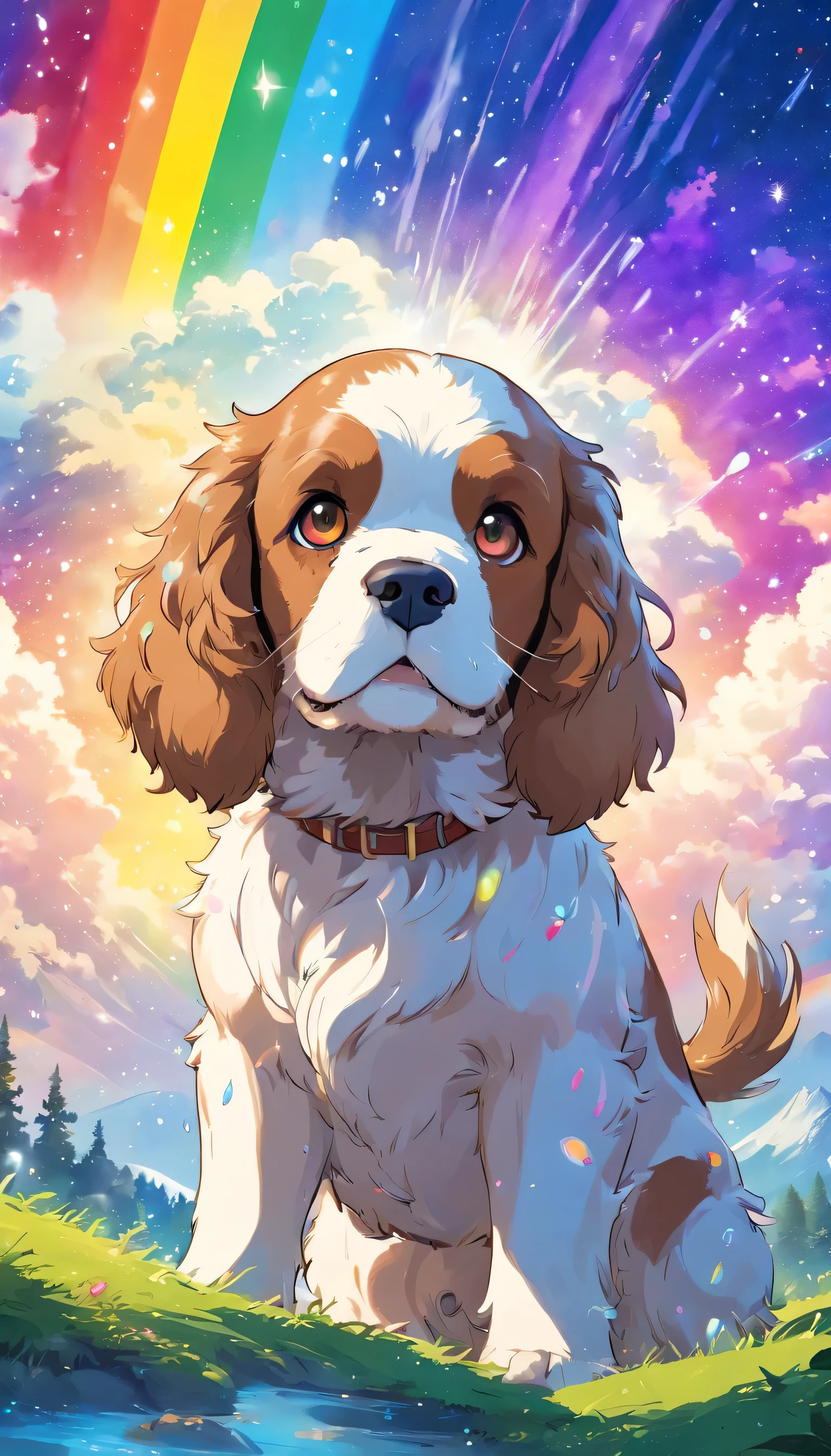 splash art, brown-white Cocker Spaniel, Milky Way, Double exposure, The head is in the lower left corner of the screen, sharp eyes, art station, Color paint splatter style, outline, Complex super detailed detailed, unrealistic engine, fantastic, intricate details, splash screen, complementary colors, fantasy concept art, 8K resolution, A Deviant Masterpiece, painting, Scam, paint drops, splash paint painting (landscape in the background with rainbow in the background)