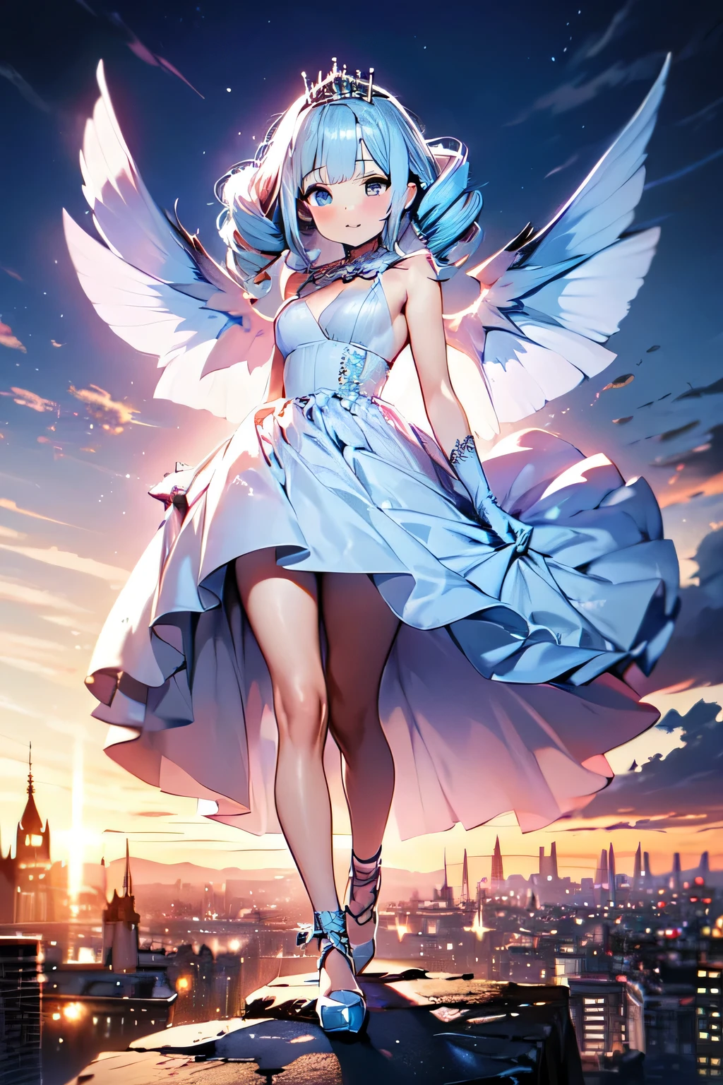 (masterpiece),(Highest image quality),top quality,(extremely detailed),4K,(8K), detailed and beautiful eyes, Highest image quality,(beautiful),((full body)),more campbell,1 girl,solo,evening,walking,reaching out,forward hands,(tiara:1.5),A girl in an incredibly stylish dress,long dress,(princess line wedding dress),Corset with crossed ribbons,(See-through gloves),she has a gorgeous mask in his hand.,medium breasts,((blunt bangs)),(twin drills:1.5), (light blue hair:1.8),pink eyes,(devil wings:1.2),devil tail,devil,(devil ears: 1.3),(Satan's horns:1.3),The breathtakingly beautiful cityscape is the backdrop for the castle with the setting sun shining through.
