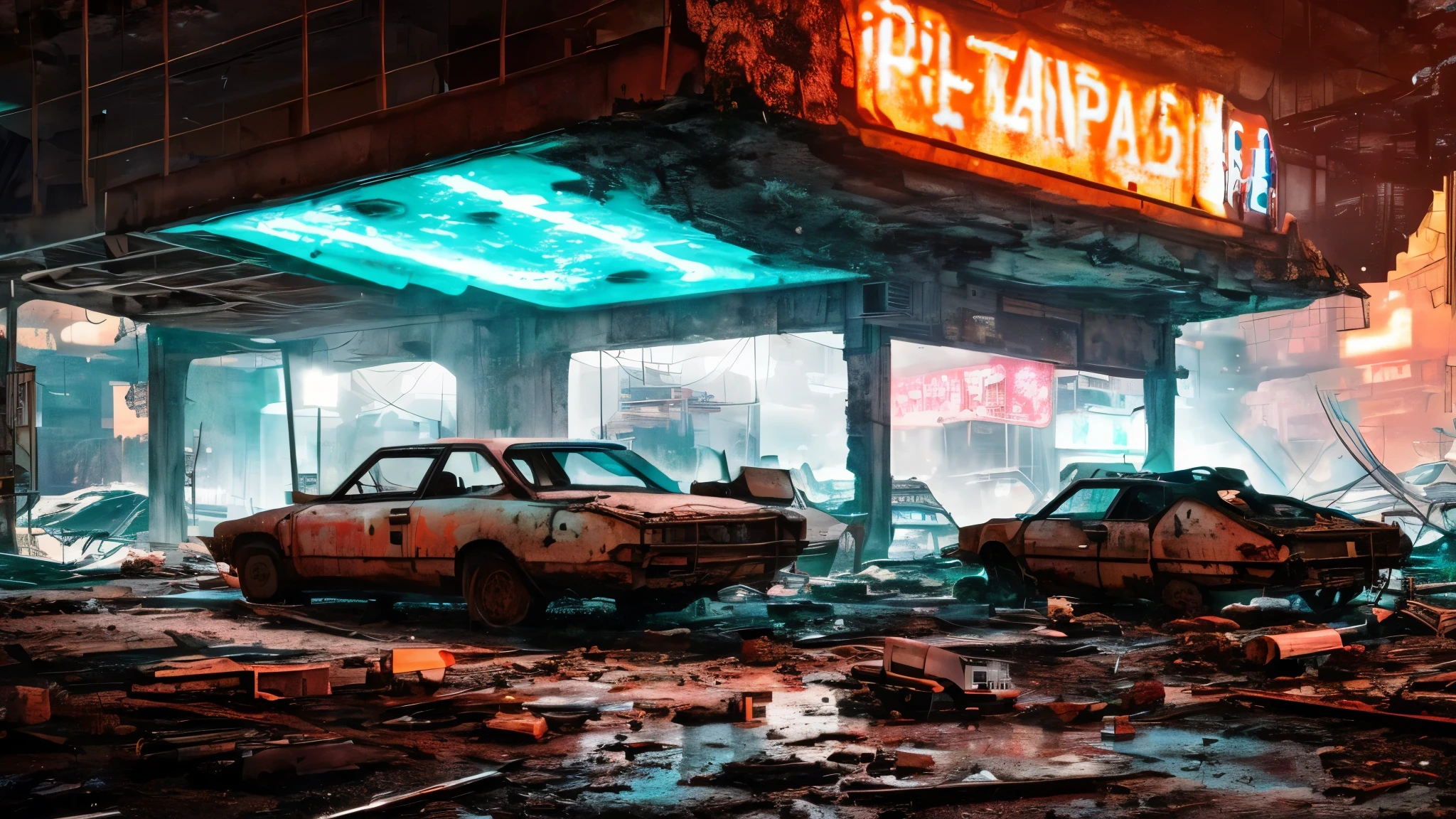 Post-apocalyptic world，look up, Exterior,dilapidated independent building, Technology elements, neon light on the wall, panoramic, There are many broken cars on the ground, depth of field, movie lighting, divine light, Ray tracing, reflected light，The eerie atmosphere makes people feel uneasy，It seems like something big is about to happen。