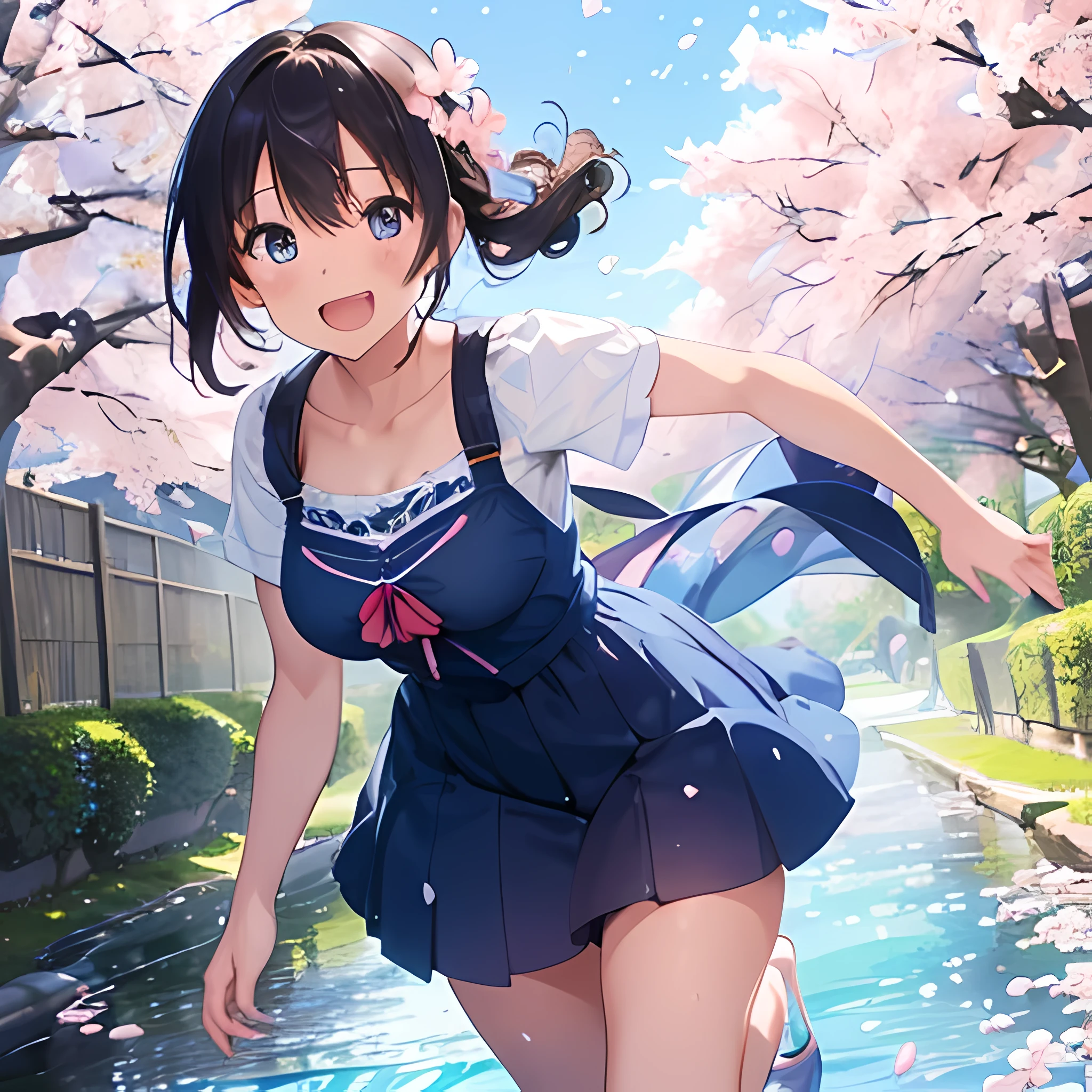 highres, extremely details, best quality, 32k, 8K wallpaper,4K digital animation art.1girl, A girl who loves spring. (blue color theme:1.3), Full body illustration, detailed eyes, (she running along with large gesture and a riverbed lined with cherry blossoms:1.3),(Unrealistic cherry blossom petals swirl around her:1.5),(She has super happy dreams and a hopeful smile:1.3),An illustration that lets you feel the refreshing smell and cheerfulness of spring, she has a big smile, Rainbow glow and perfect blue sky and dramatic light-masterpiece, Perfect dream and getting a hope, Dynamic angle movie.