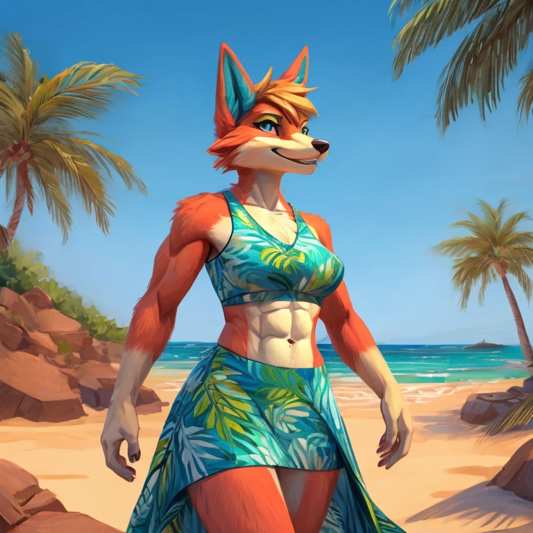 a digital artwork of audie with abs wearing a crop top of her  default Hawaiian dress  with a bare midriff and a bare navel , digital art, ((perfect face)), ((best quality)), ((masterpiece)),