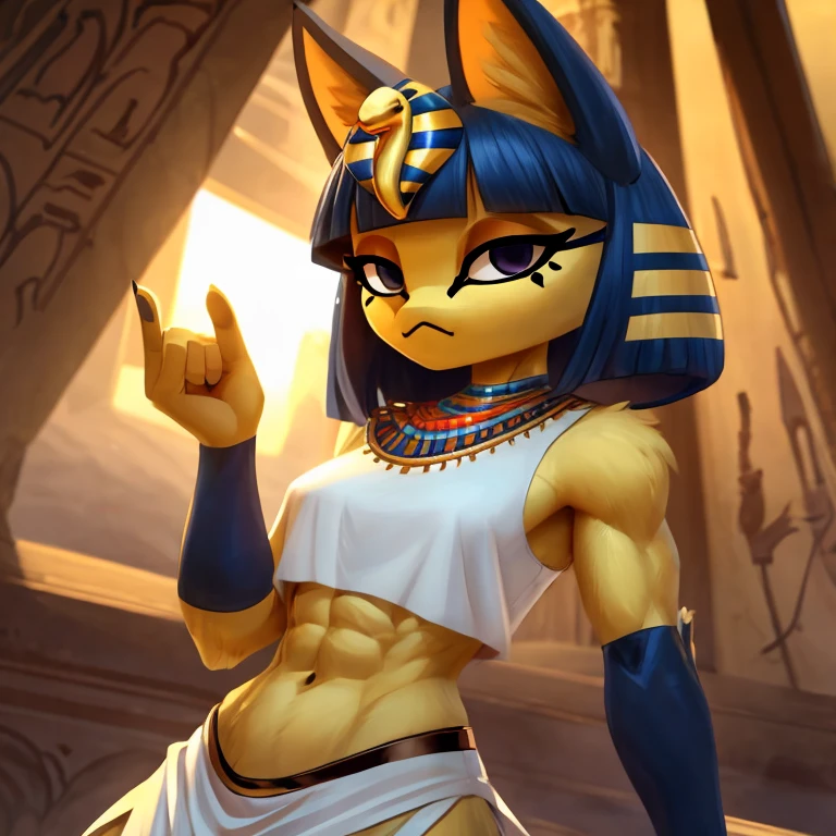 a digital artwork of ankha with abs wearing a crop top of her white sleeveless dress outfit with a bare midriff and a bare navel , digital art, ((perfect face)), ((best quality)), ((masterpiece)),