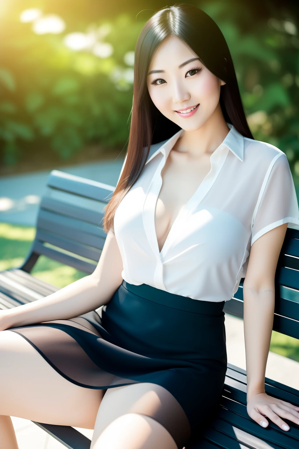 A 30-year-old beautiful Japanese lady, radiating good vibes, sits confidently on a bench during a nice sunny day. Her seductive smile showcases her alluring cleavages and long legs. The light blouse she wears is see-through, revealing her smooth, white skin. The contrast between her dark short skirt and stockings accentuates her slender legs. This hyper-realistic image, captured in 8K resolution, leaves no detail untouched, with the sunlight illuminating her every curve and feature, creating a captivating portrait.

List of keywords:
A 30-year-old beautiful Japanese lady, smile, good vib