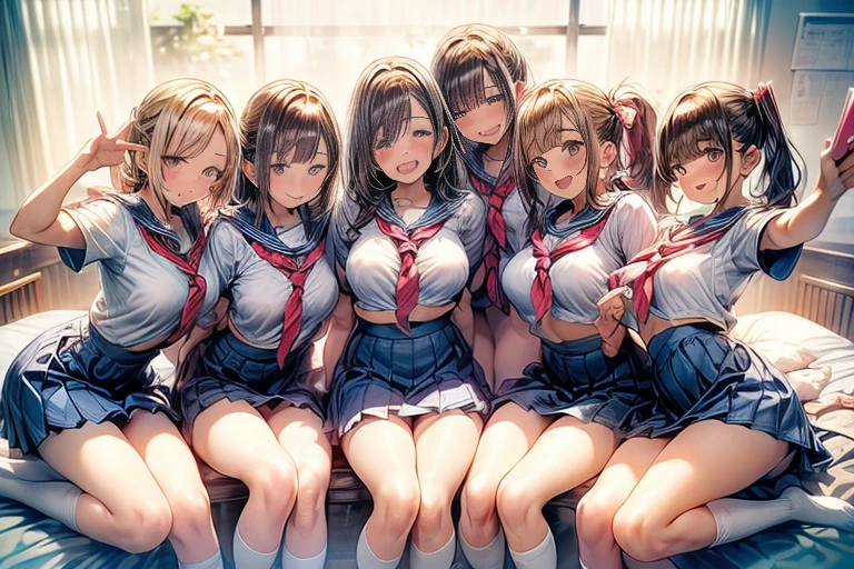 nswf:1.3,(masterpiece: 1.2, highest quality, masterpiece, Clearer images), (Bright colors), ((Take clear photos even from a distance)), (multiple girls), (Harem), (School classmates), (((All school uniforms have the same design))), (((Everyone is wearing the same navy blue skirt))), (()), ((prostitution婦)), (prostitution宿, on the bed), (cute Japanese((6 girls))), (((infant&#39;face))), ((group shot)), (group selfie), ((ass visible through thighs))、 (Full body diagram from head to toe), front, frontやや下からの構図, symmetry, 18 year old tall girl, alone, (whole body from head to toe),wide angle, soft light, ((((laugh with your mouth wide open)))), (slightly larger breasts), ((prostitution)), (lure), ((viewers love it)), (((A lot of hearts are flying))), Landscape、、((((M spread legs:1.4)))、((female masturbation:1.8))、((breast grab:1.3)),(((bra lift:1.2)))、(((show bra:1.4)))、(skirt lift:1.3) 、one eye closed、stick out one&#39;s crotch、((youth))、(((Knee-length white loose socks)))