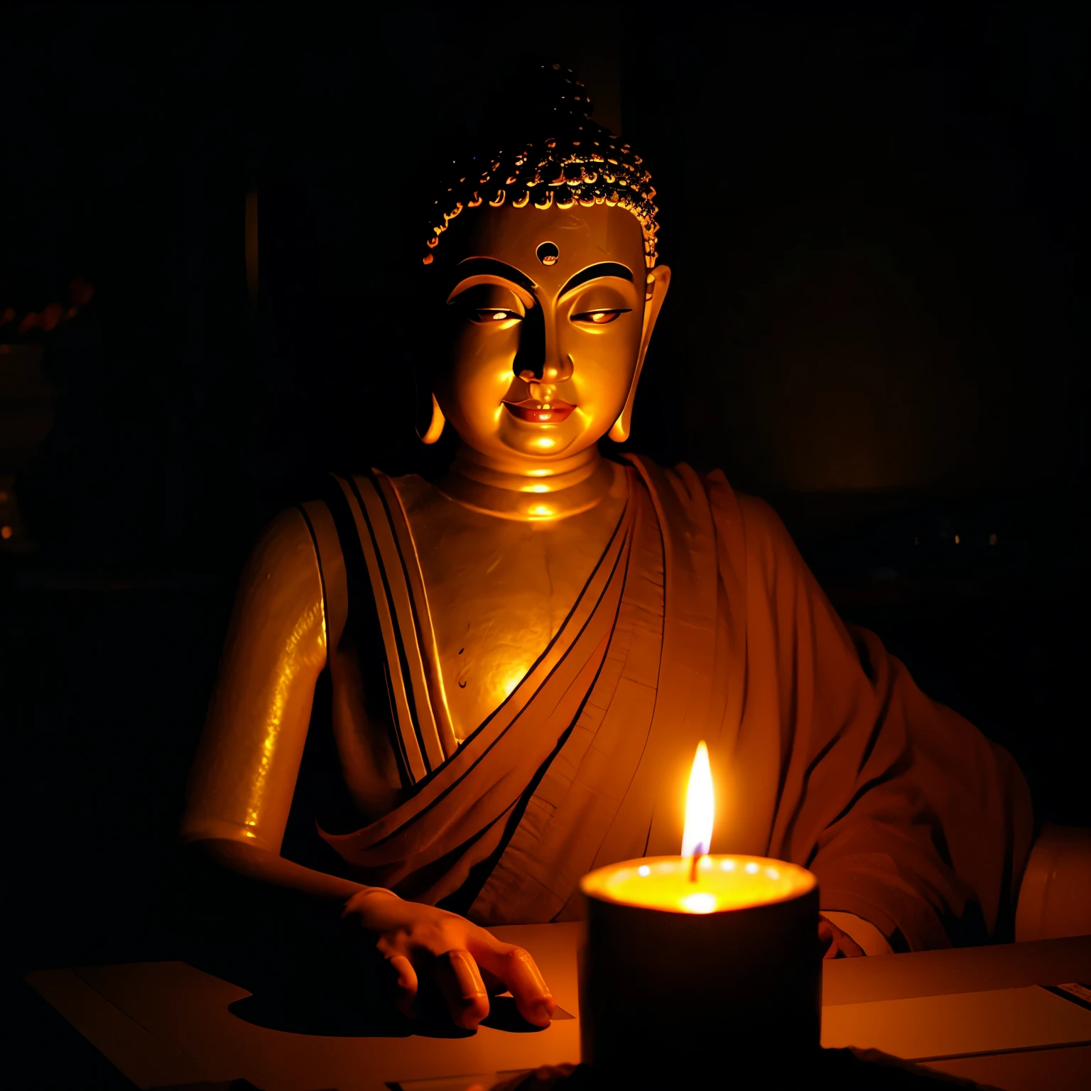 Angry face Buddha statue、dark room、candle light、angry、Typing on the keyboard