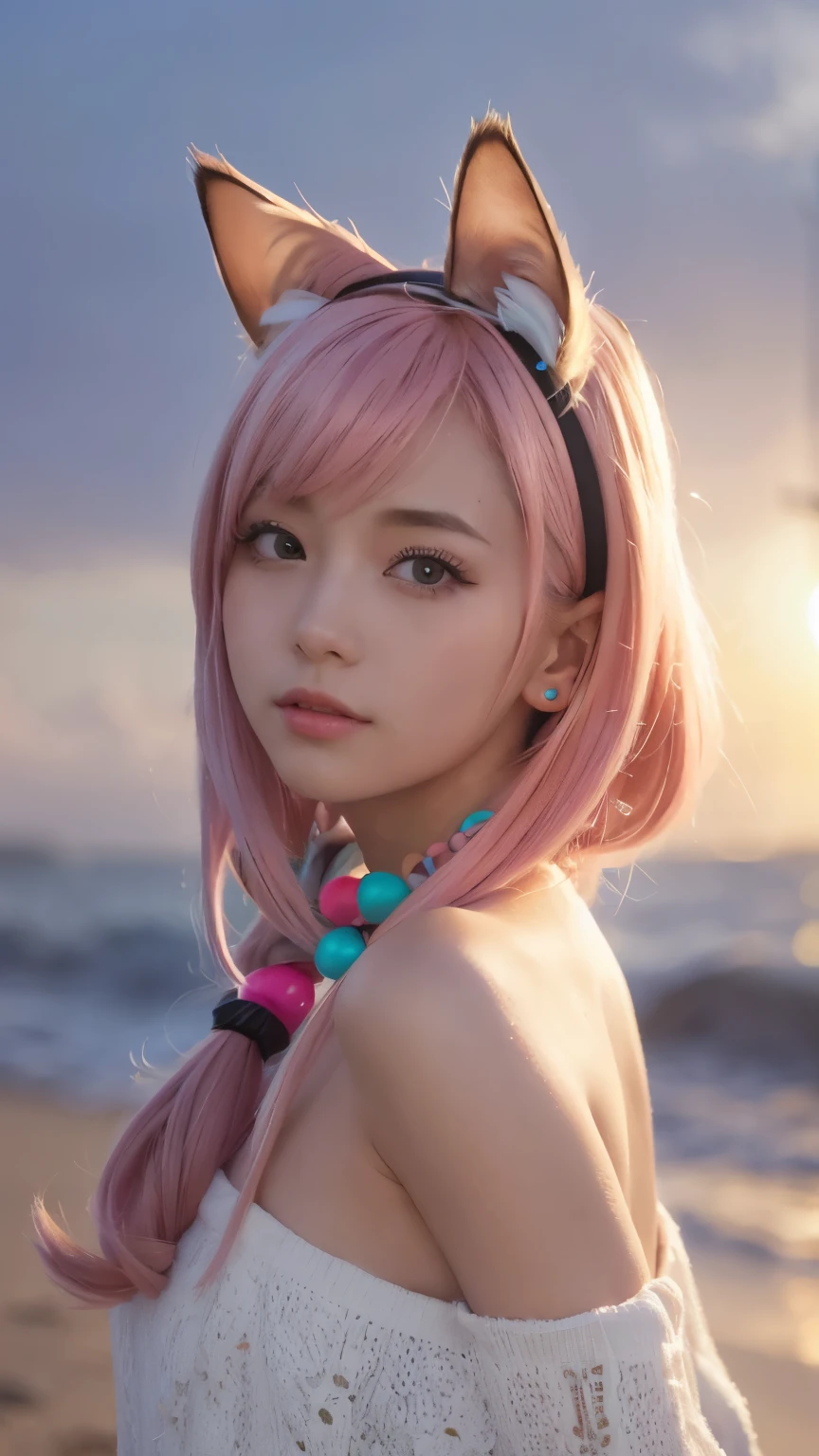 masterpiece, highest quality, 4K, Photorealistic, bokeh, analog photo, enlightenment, (1 perfect portrait of a girl), (A fascinating eye for perfect detail), colorful hair,(gradient hair), (Neon Pink hair:1.2), (cat ears:1.2), Long and slim body type, (exposed bare shoulders),(long-term alienation_sleeve), lean forward a little, If you look up,hair ornaments,shy,head tilt,movie lighting,oversized clothes, ((seductive pose)), (Neon pink sunset seashore:1.2)