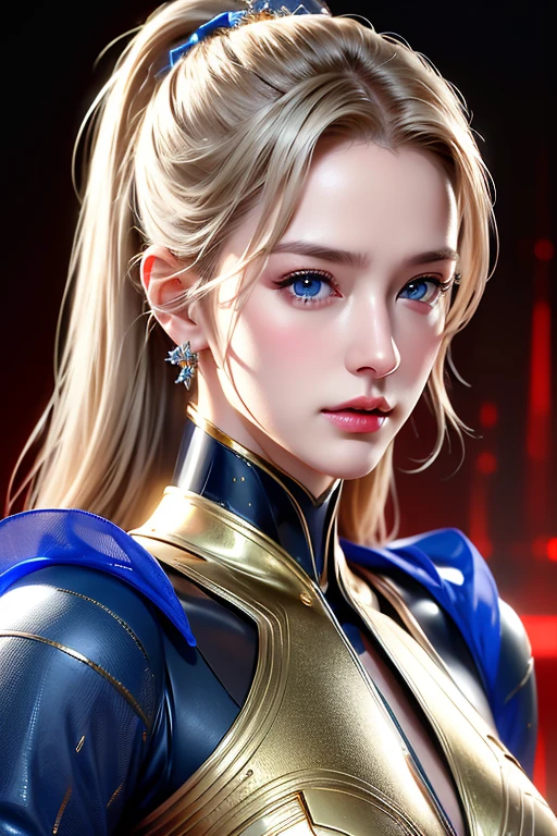 Spot image(face)realistic, Realistic picture,Masterpiece,high resolution, woman ,With blue eyes, look at the audience., (faceที่มีรายละเอียด), With blue eyes,blonde hair, cybernetic robot,Metallic red body/gold color,(The details of the outfit were perfect..) The background is a deserted city..
