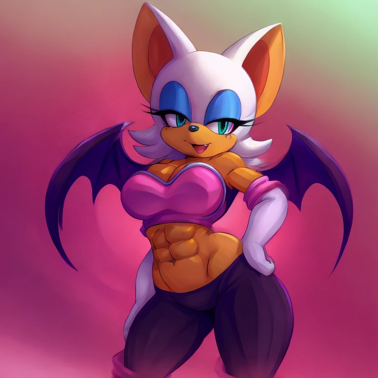 a digital artwork of Rouge the bat with abs wearing a crop top of her original outfit with a bare midriff and a bare navel , digital art, ((perfect face)), ((best quality)), ((masterpiece)), she has a tan midriff