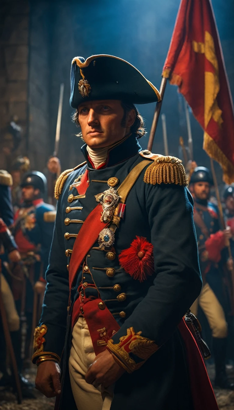 Use vibrant colors to depict the glory and confidence of Napoleon and his army, background dark, hyper realistic, ultra detailed hyper realistic, photorealistic, Studio Lighting, reflections, dynamic pose, Cinematic, Color Grading, Photography, Shot on 50mm lens, Ultra-Wide Angle, Depth of Field, hyper-detailed, beautifully color, 8k