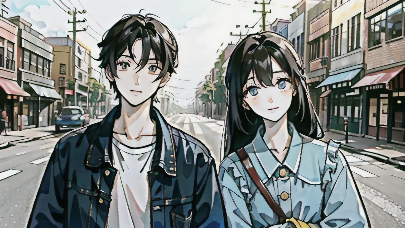 A young man and woman met on the street in a small town,Their eyes were full of curiosity and expectation.。