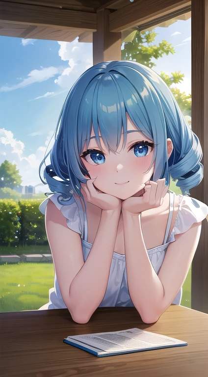 最high quality,very detailed,high quality,Extremely detailed,masterpiece,Super fine,ultra high resolution,超high quality,super delicate face,super realistic,(1 person:1.2)、woman、、light blue hair color、(Cute sky blue eyes)、(short:1.3)、flat chest 、 body shape、(twin drill hair:1.2)、(smile:1.2)、Shoulder-baring tops、jeans、garden、