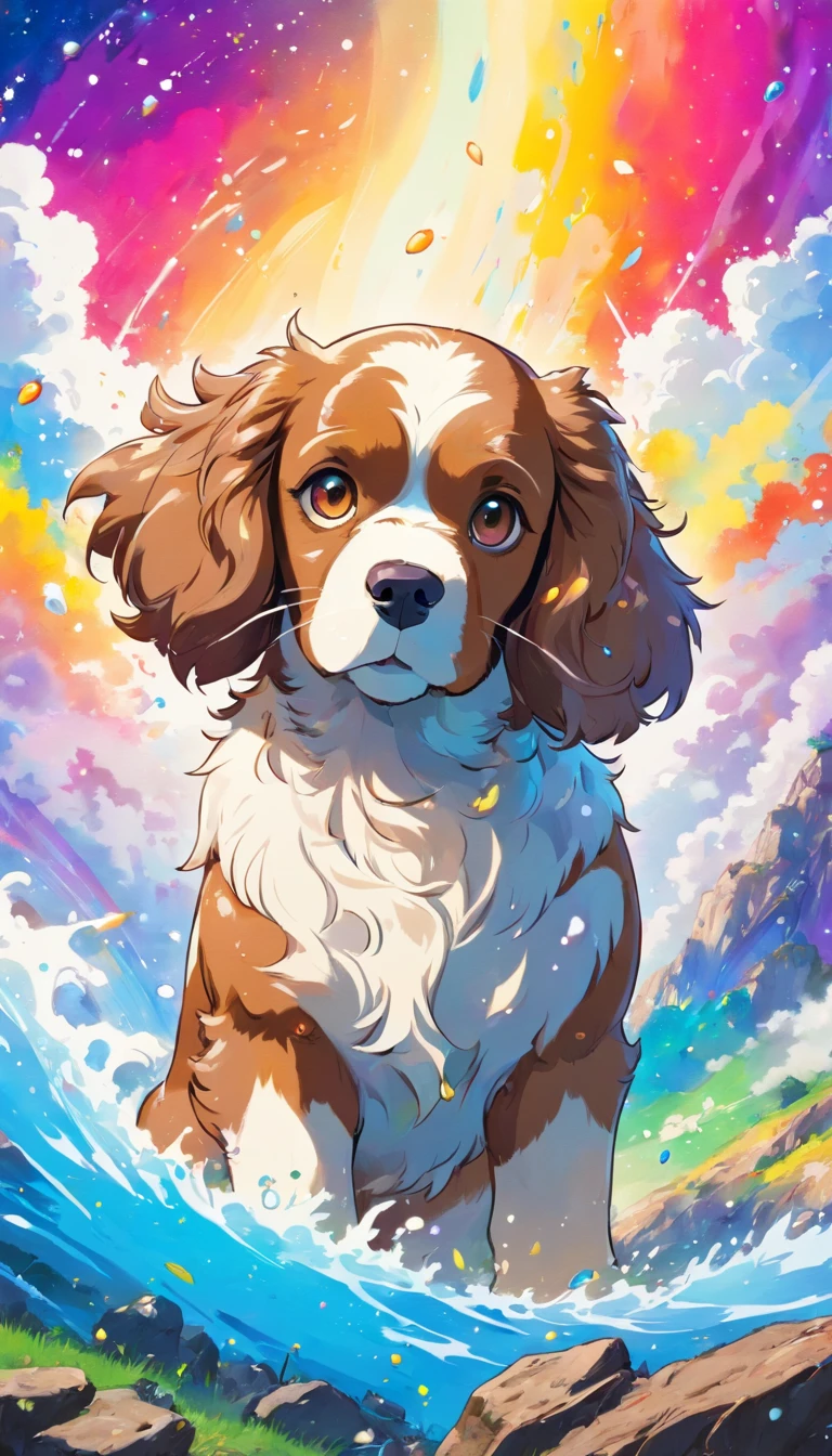 splash art, brown-white Cocker Spaniel, "with adult size"
Milky Way, Double exposure, The head is in the lower left corner of the screen, sharp eyes, art station, Color paint splatter style, outline, Complex super detailed detailed, unrealistic engine, fantastic, intricate details, splash screen, complementary colors, fantasy concept art, 8K resolution, A Deviant Masterpiece, painting, Scam, paint drops, splash paint painting (landscape in the background with rainbow in the background)