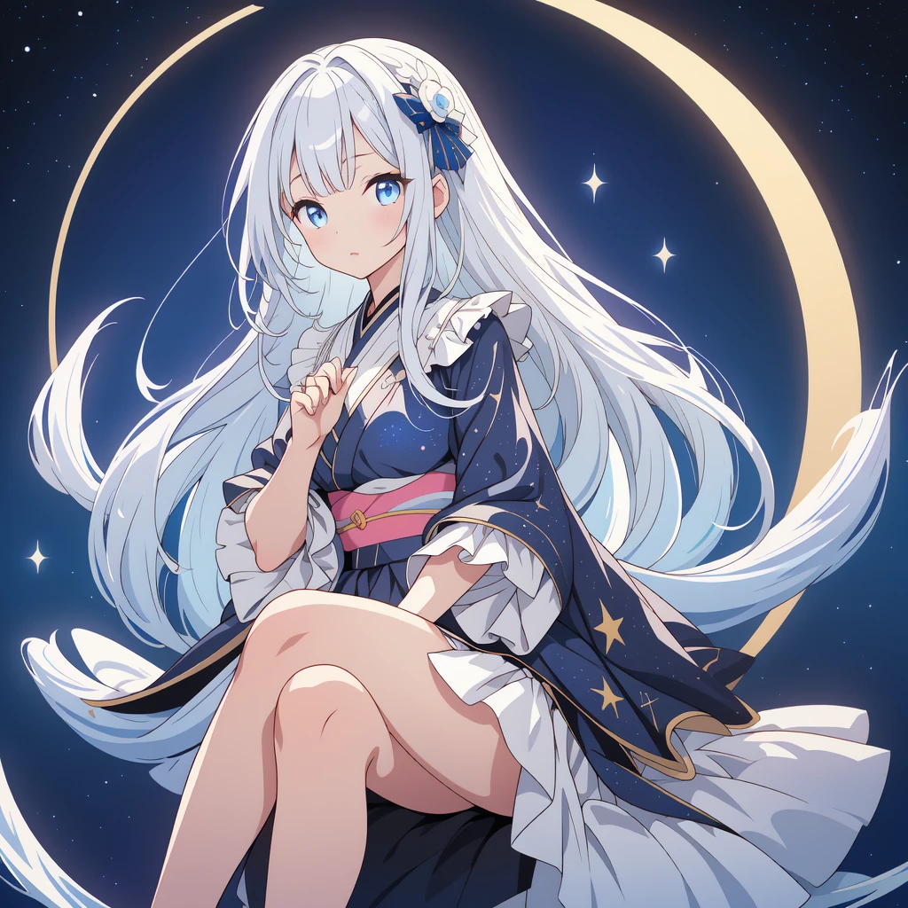 sitting on the crescent moon、(masterpiece, best quality), 1girl, 1girl、vtuber-fullbody、Star Fairy、「A beautifully printed galaxy patterned kimono and gothic lolita outfit.、Space pattern box pleated mini skirt with ruffles、Front full body portrait、enchanting eyes、Perfect and stunning face、exquisite details、clear image、highest quality。」Milky white and light blue gradient straight long hair、