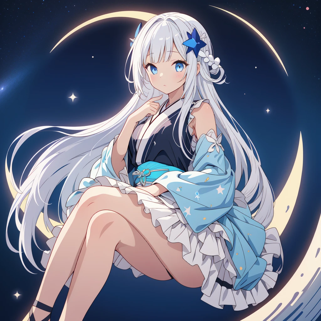 sitting on the crescent moon、(masterpiece, best quality), 1girl,  1girl、vtuber-fullbody、Star Fairy、「A beautifully printed galaxy patterned kimono and gothic lolita outfit.、Space pattern box pleated mini skirt with ruffles、Front full body portrait、enchanting eyes、Perfect and stunning face、exquisite details、clear image、highest quality。」Milky white and light blue gradient straight long hair、