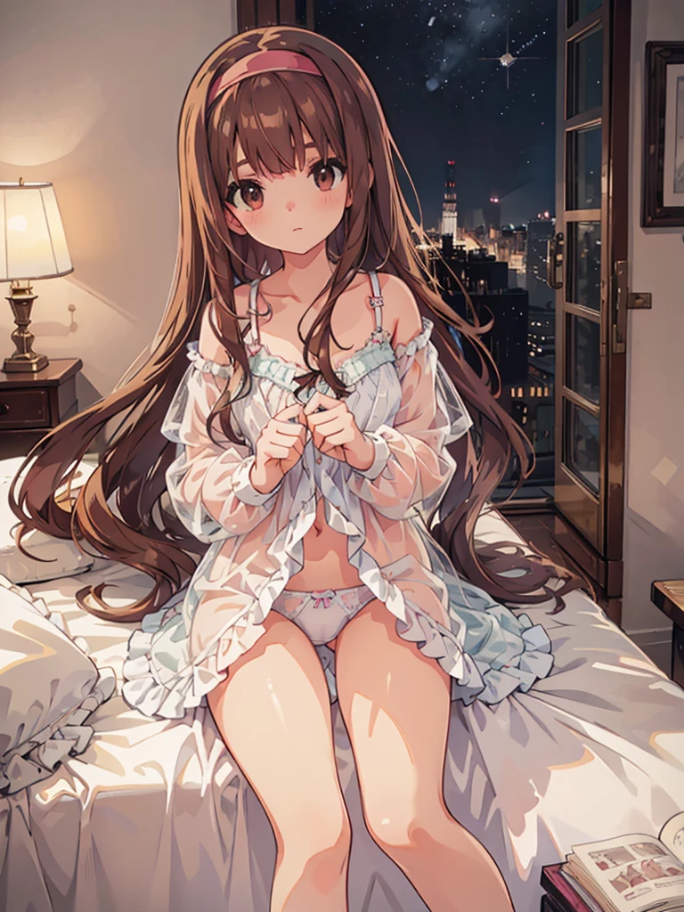 beautiful illustrations, highest quality, pretty girl, 1girl, Bedroom, pastel colour, (two-separated lingerie), reddish brown long hair, headband, cute lingerie, bright lighting
