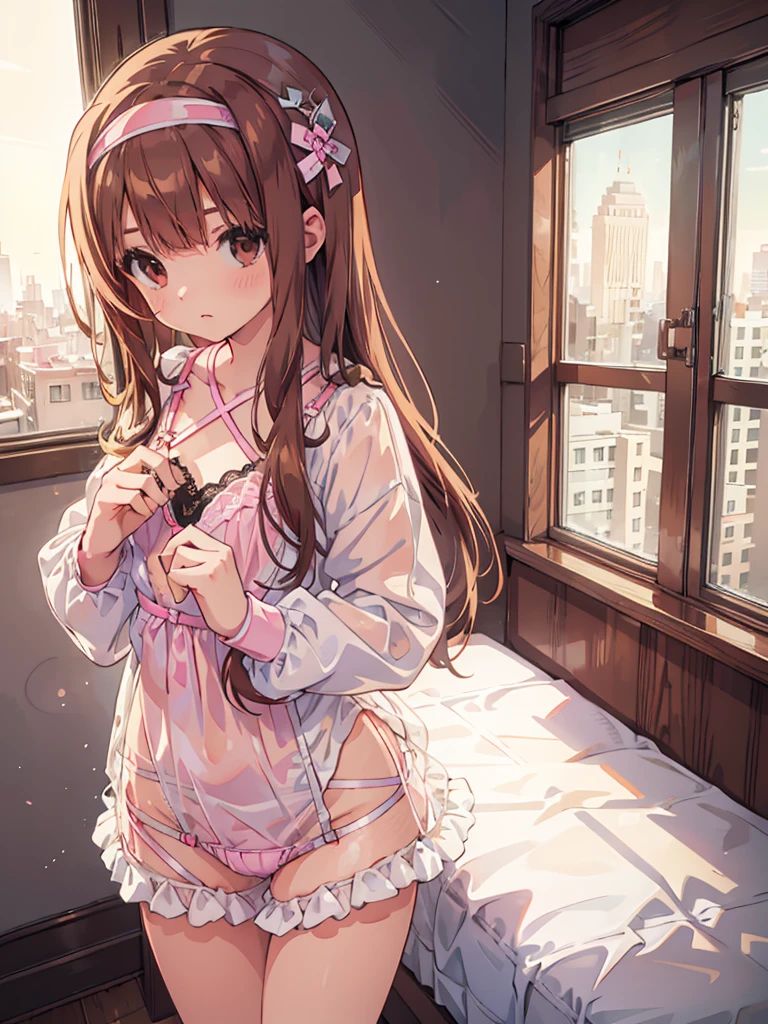 beautiful illustrations, highest quality, pretty girl, 1girl, Bedroom, pastel colour, (two-separated lingerie), reddish brown long hair, headband, cute lingerie, bright lighting