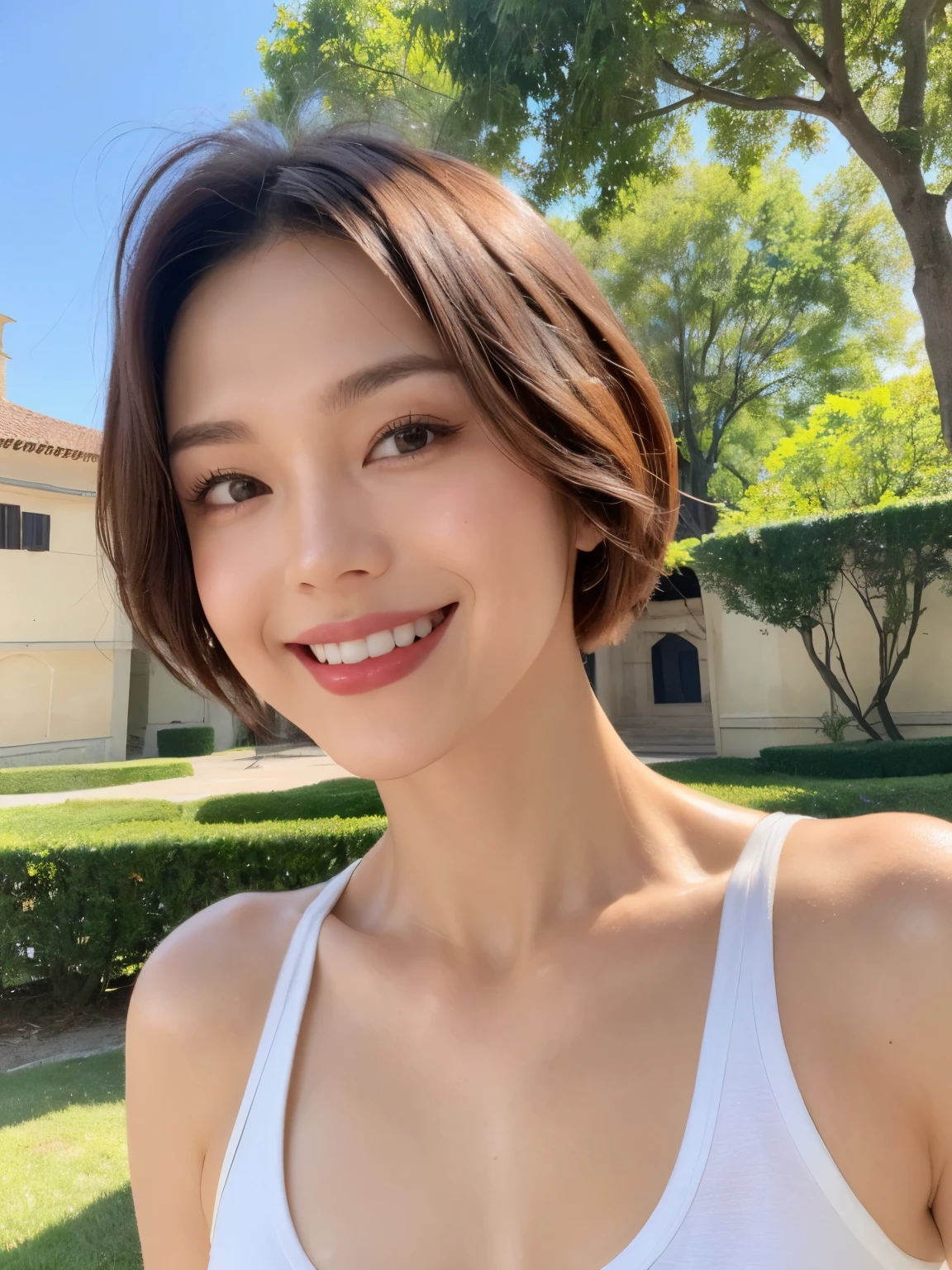 (38 years old), (white tank top:1.2),(white wool pants)、 double eyelid, eyelash, Red lip gloss, (smile:1), ((close your eyes:0.85)), (looking at the viewer、Are standing), (From above:0.2)、尖ったred mouth、(reddish brown wet shiny short hair),red mouth,clavicle、 (Photoreal:1.3),(Raw photo),(woman standing in front of an old castle, Beautiful lawn, Squirting, Bright sunlight in the city of Modena, Italy) , 8K, Super detailed, highest quality, beautiful skin, anatomically correct, masterpiece , highest quality, cinematic lighting, Use perspective throughout , surrealism , ,(realistic:1. 3),(Raw photo) , black hair, light smile, short hair, bob cut, anaglyph, stereogram, (mature woman:1), (38 years old), ((close:0.5)), glare, double eyelids, lip gloss, (smile:1), ((close your eyes:0.85)), red mouth, clavicle, ((looking at the viewer)), (short hair of reddish-brown color wet and shiny,), (I can see the whole body) , Slightly thick body type , opened my eyes wide. , perfectly round eyes , black eyes、fine texture