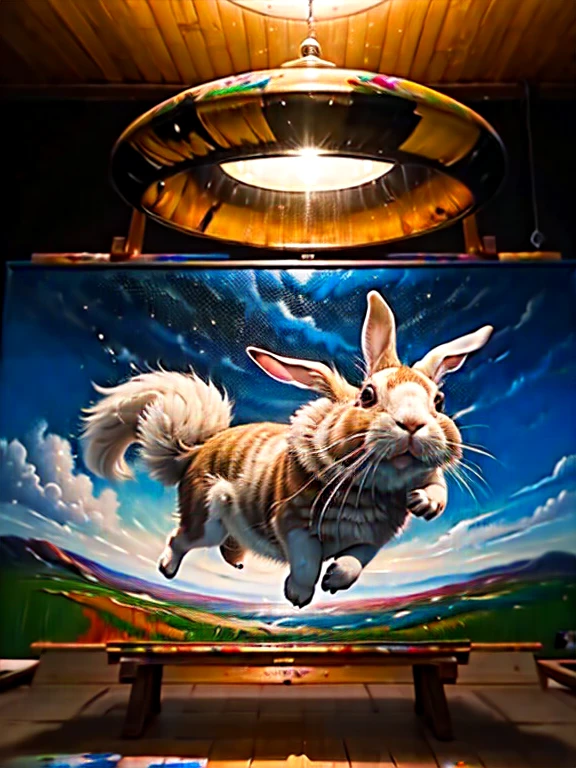 (very detailed oil painting:1.2),Contemporary Art、flying saucer、Lots of rabbits