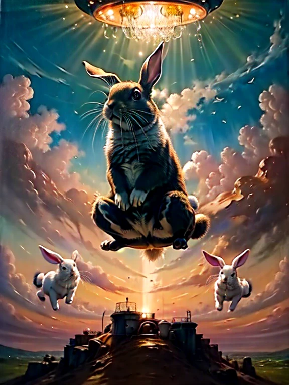 (very detailed oil painting:1.2),Contemporary Art、flying saucer、Lots of rabbits